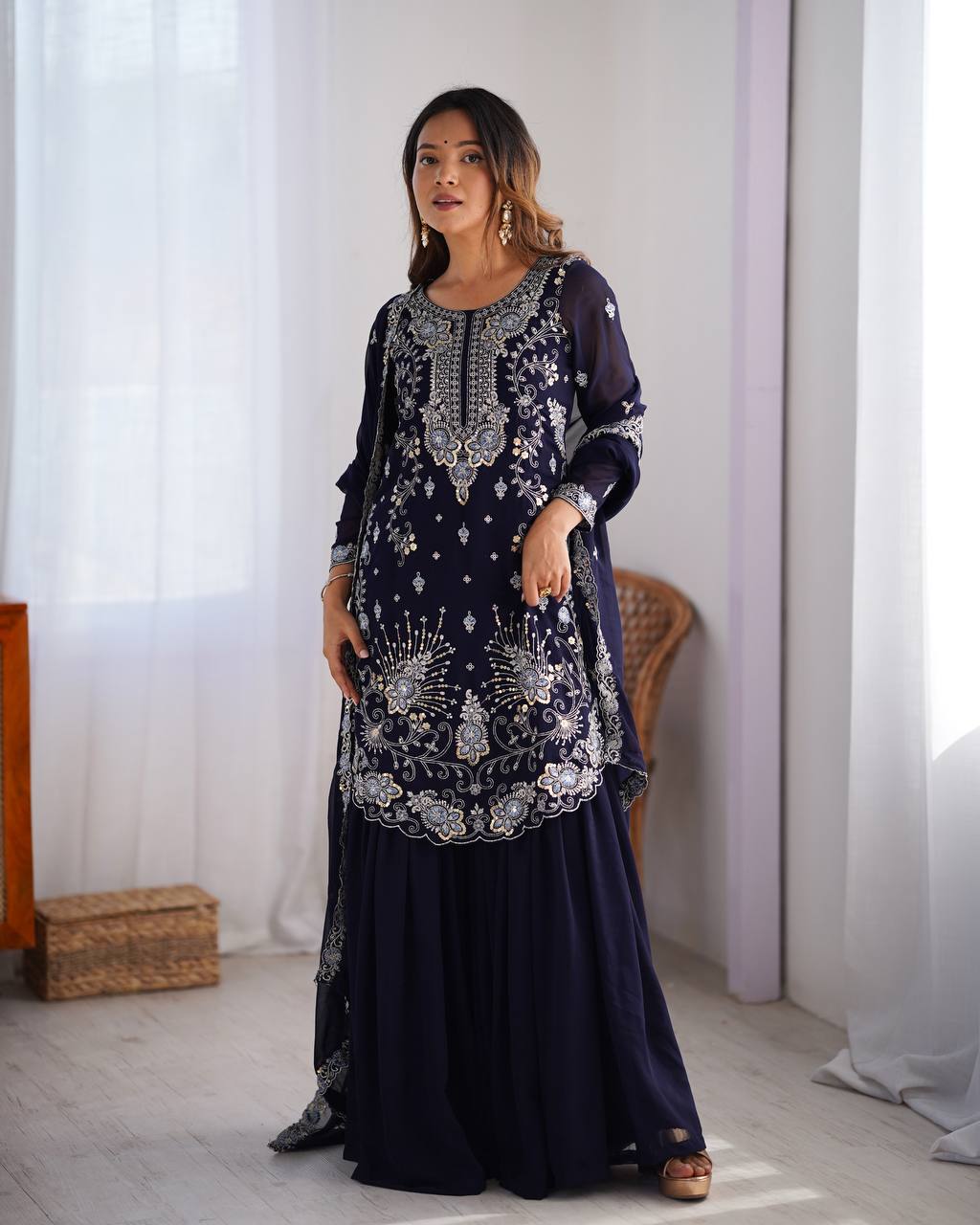 Midnight Elegance Embroidered Sharara Set