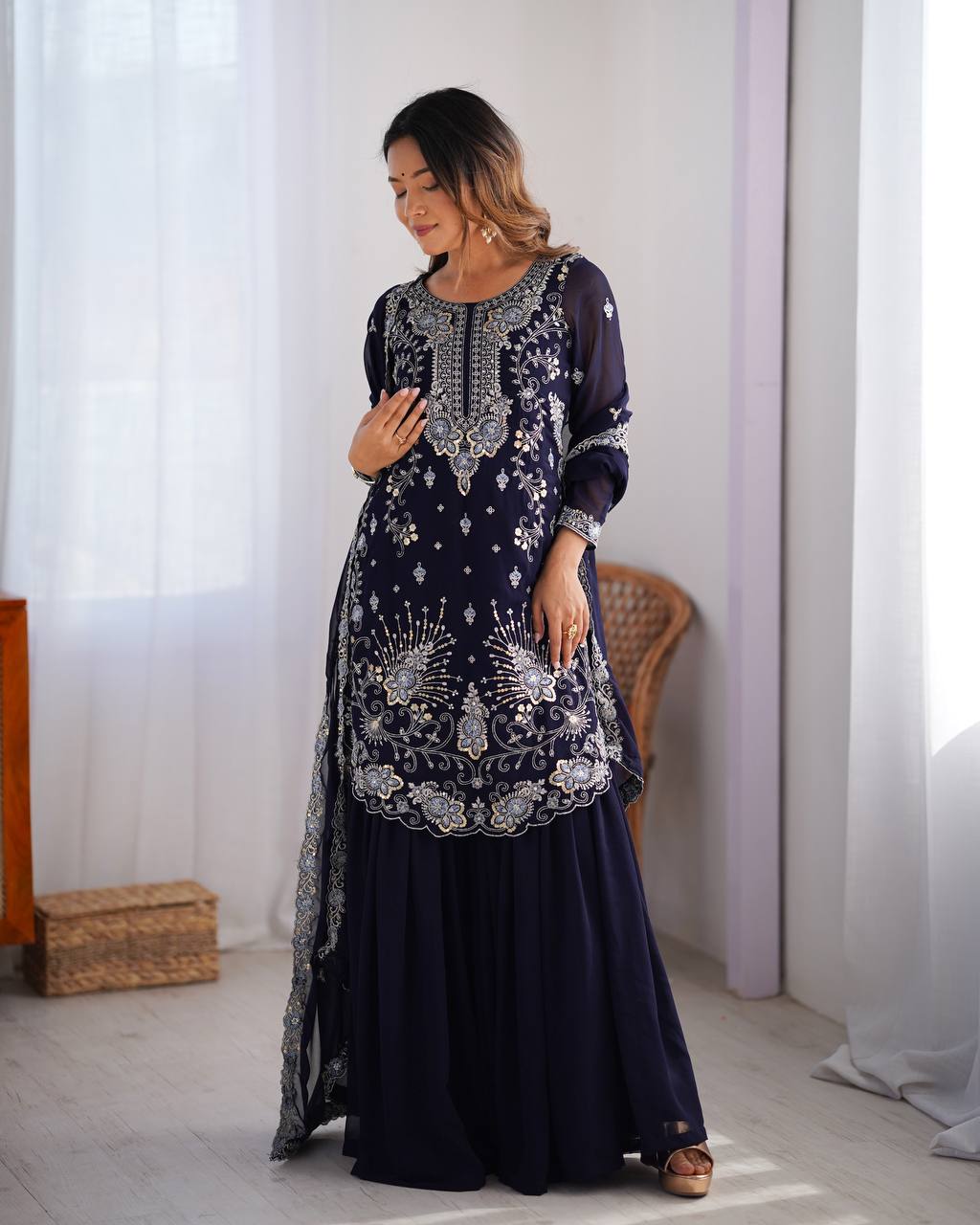Midnight Elegance Embroidered Sharara Set