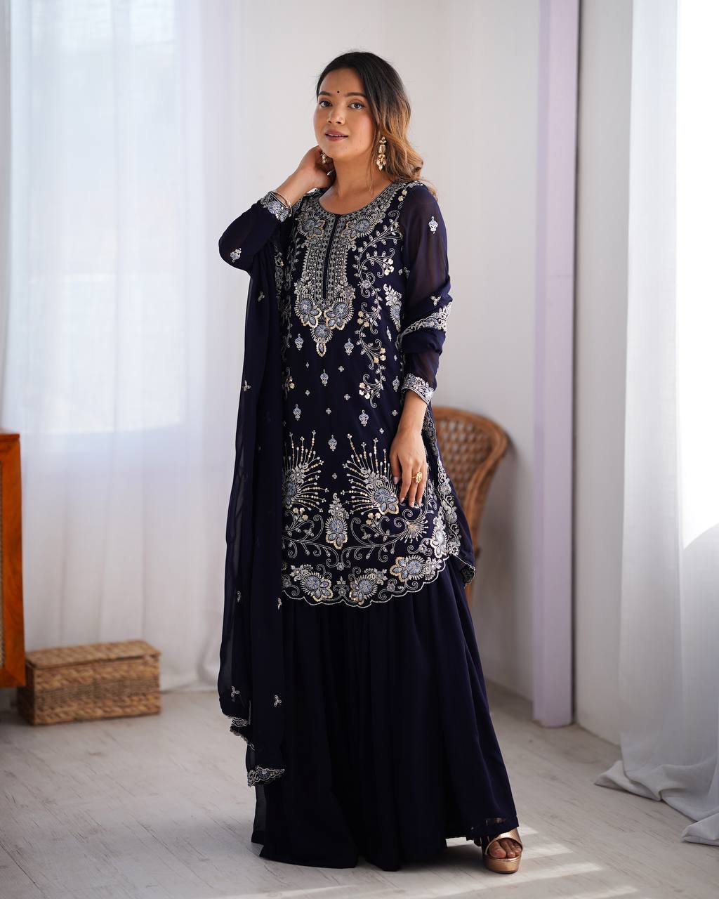 Midnight Elegance Embroidered Sharara Set