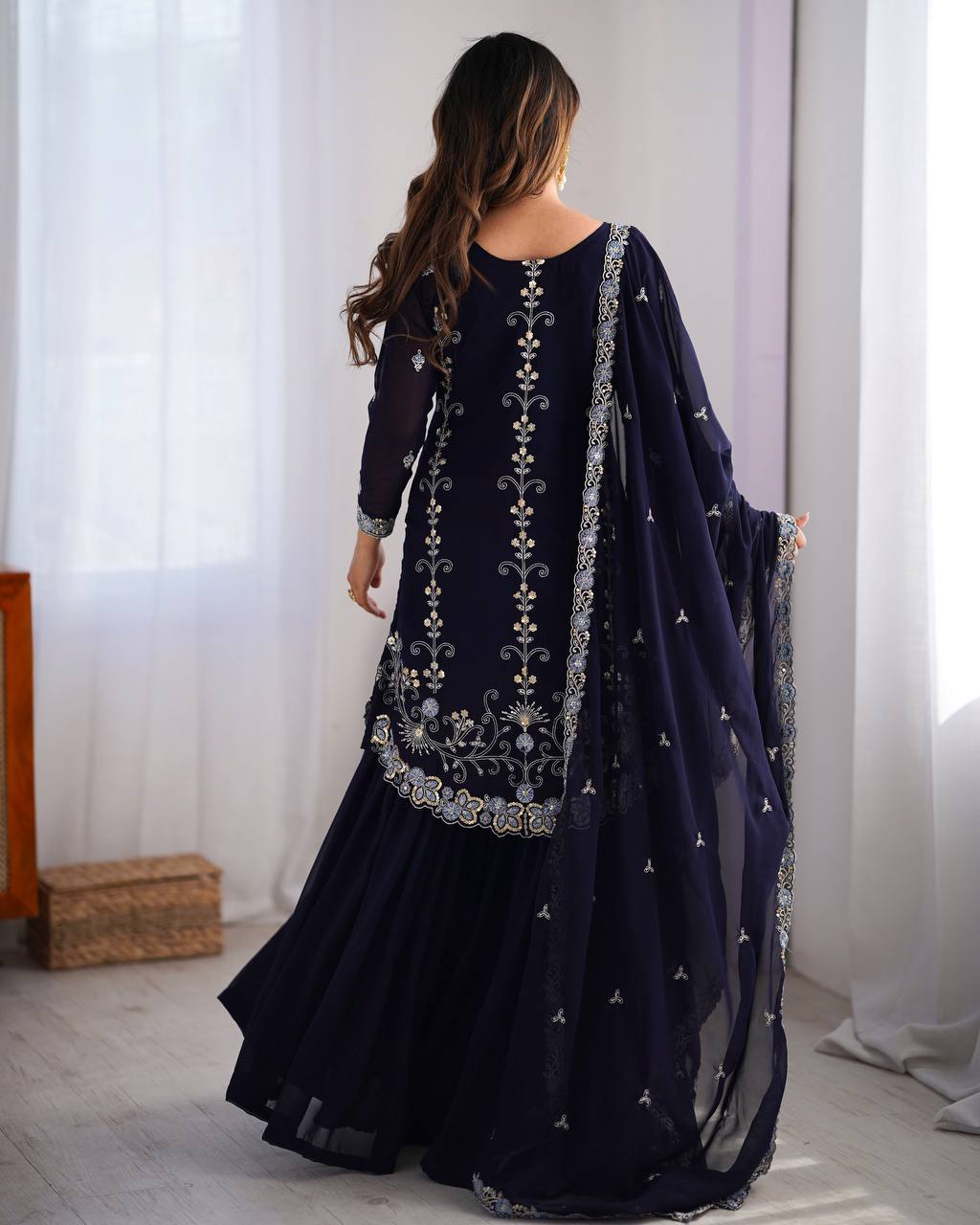 Midnight Elegance Embroidered Sharara Set