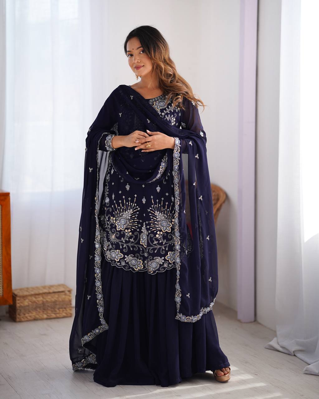 Midnight Elegance Embroidered Sharara Set