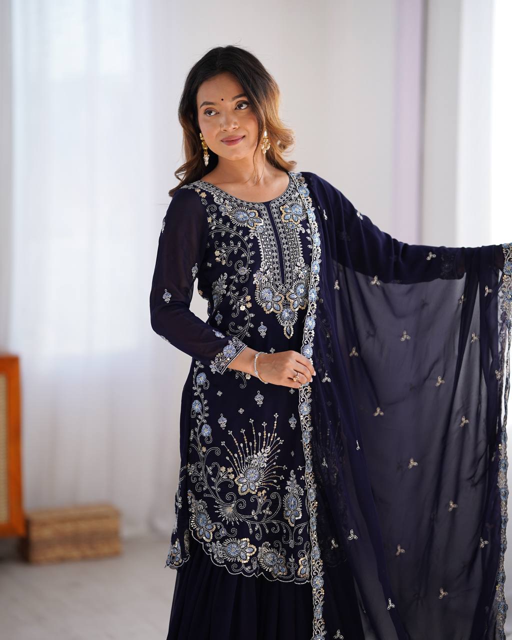 Midnight Elegance Embroidered Sharara Set