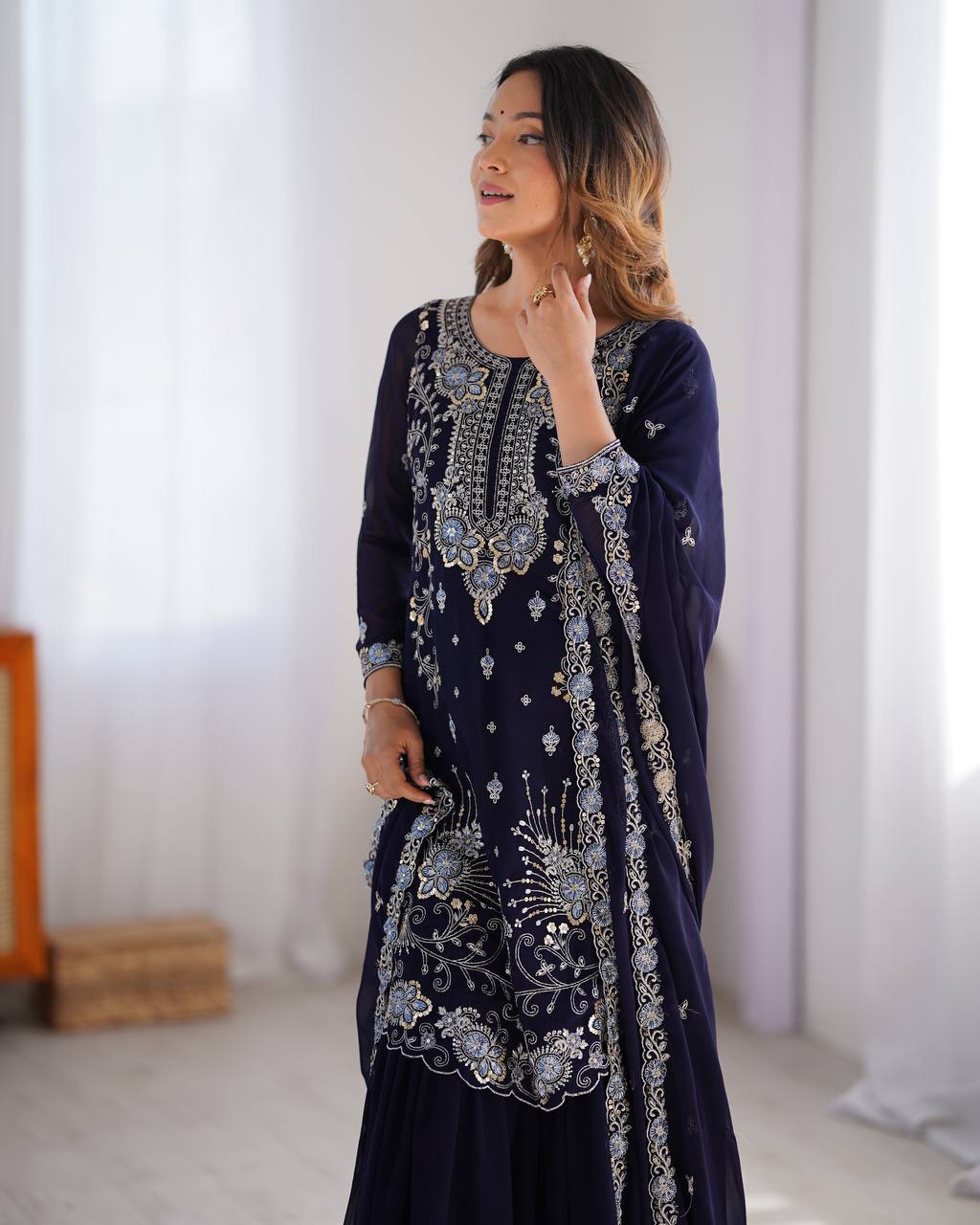 Midnight Elegance Embroidered Sharara Set