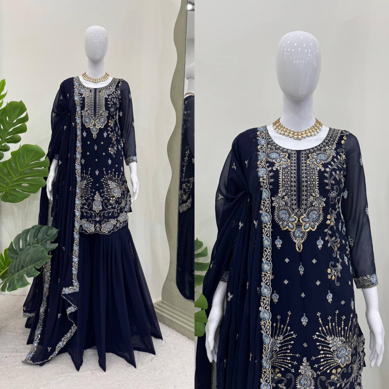 Midnight Elegance Embroidered Sharara Set