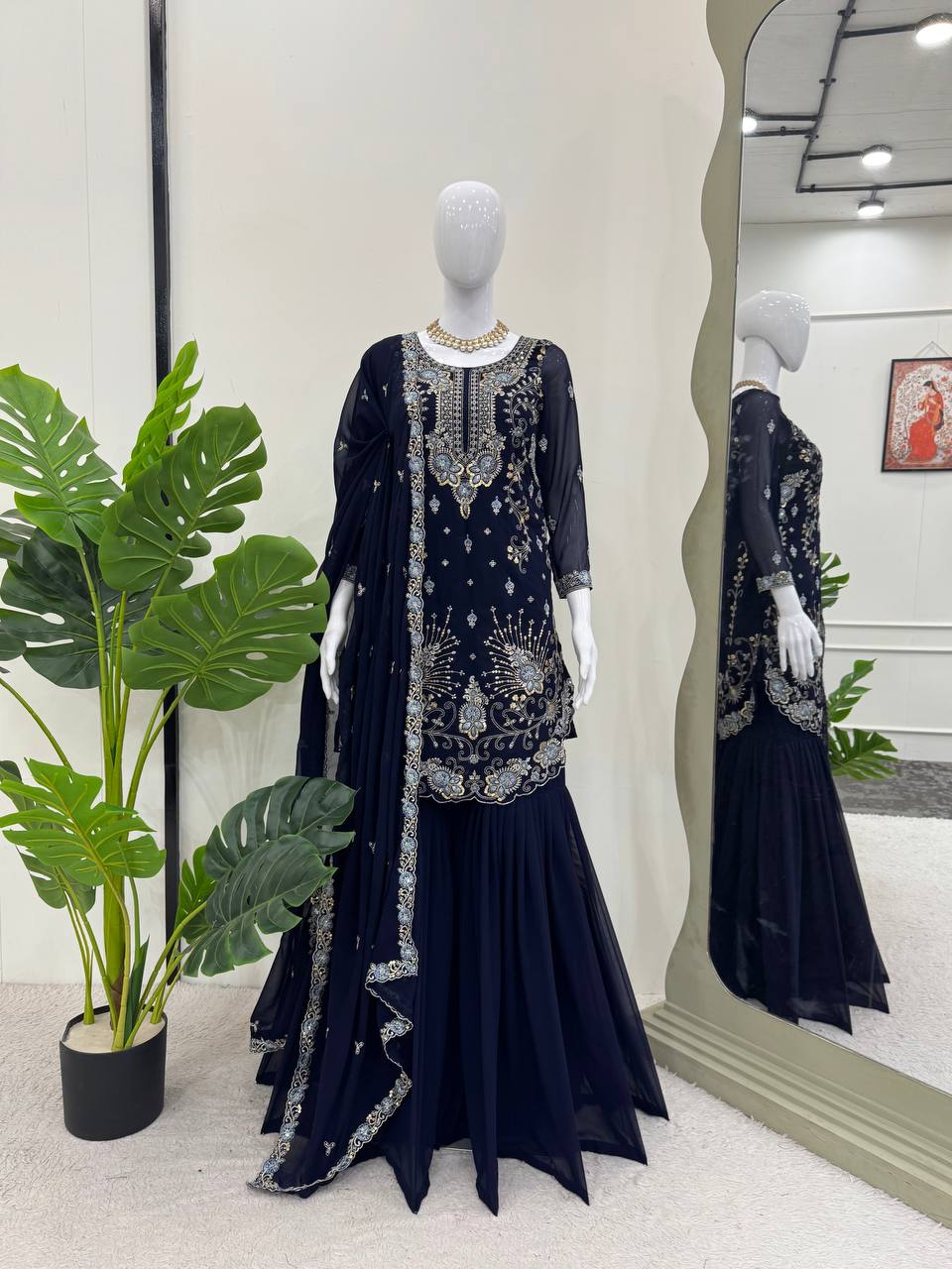 Midnight Elegance Embroidered Sharara Set