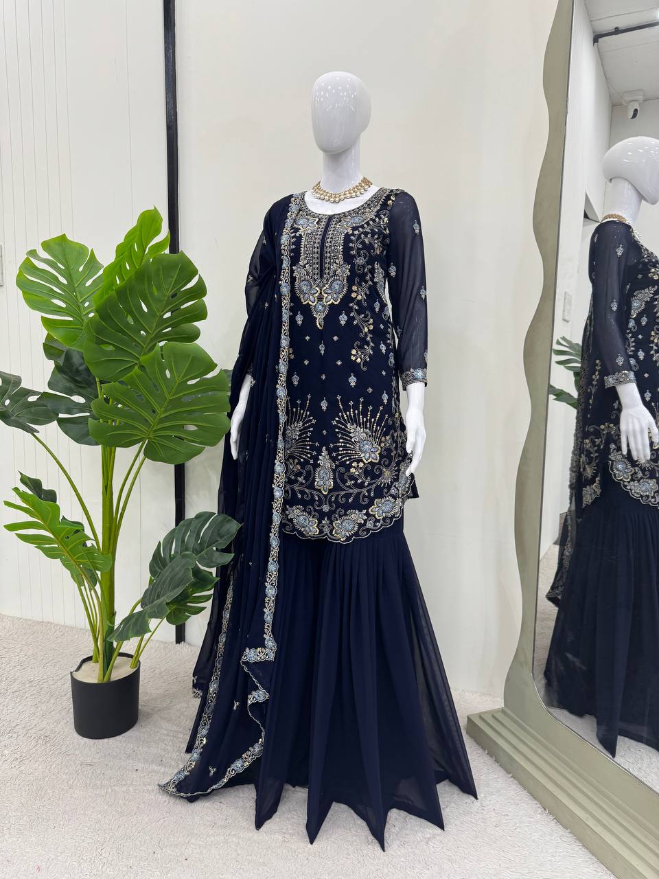 Midnight Elegance Embroidered Sharara Set