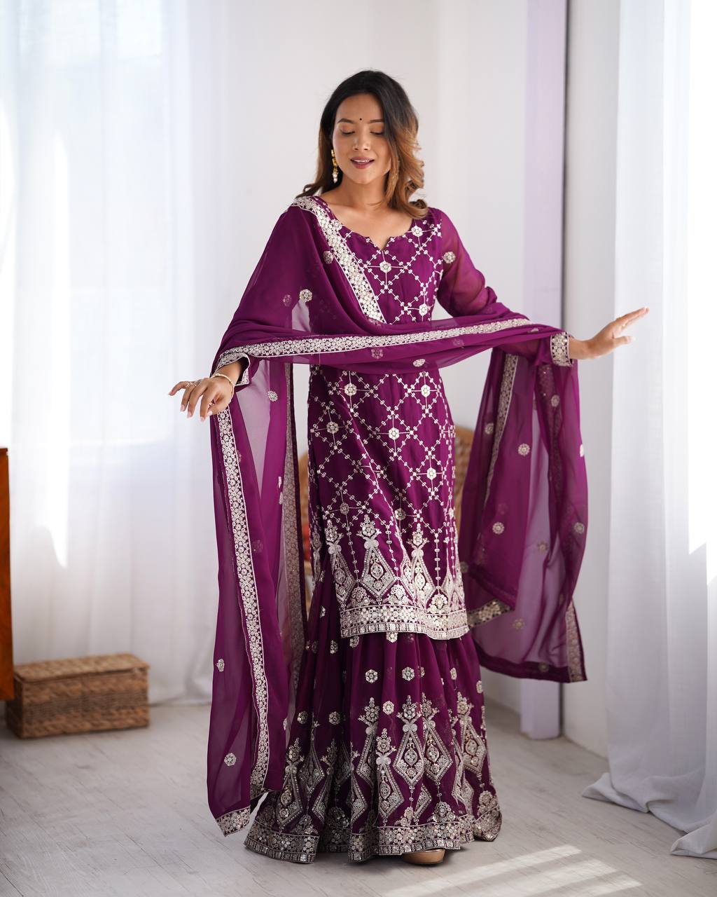 Midnight Elegance Embroidered Sharara Set