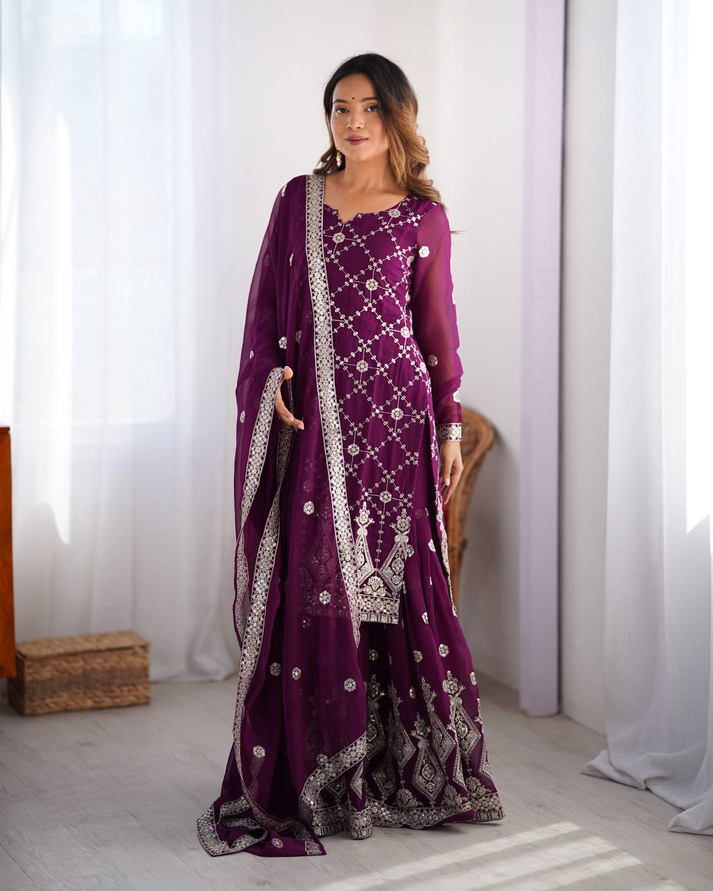 Midnight Elegance Embroidered Sharara Set