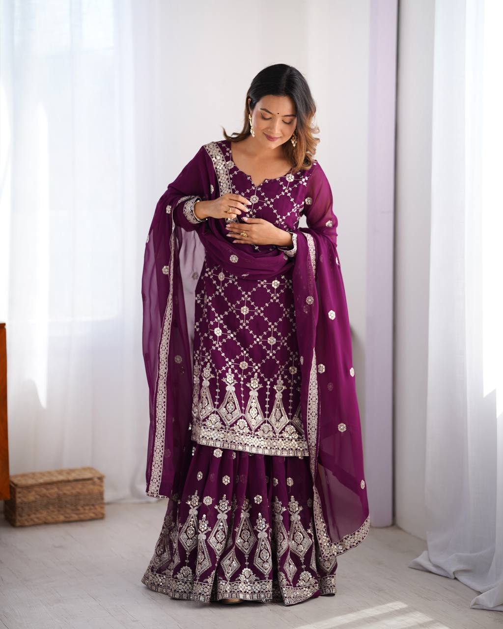Midnight Elegance Embroidered Sharara Set