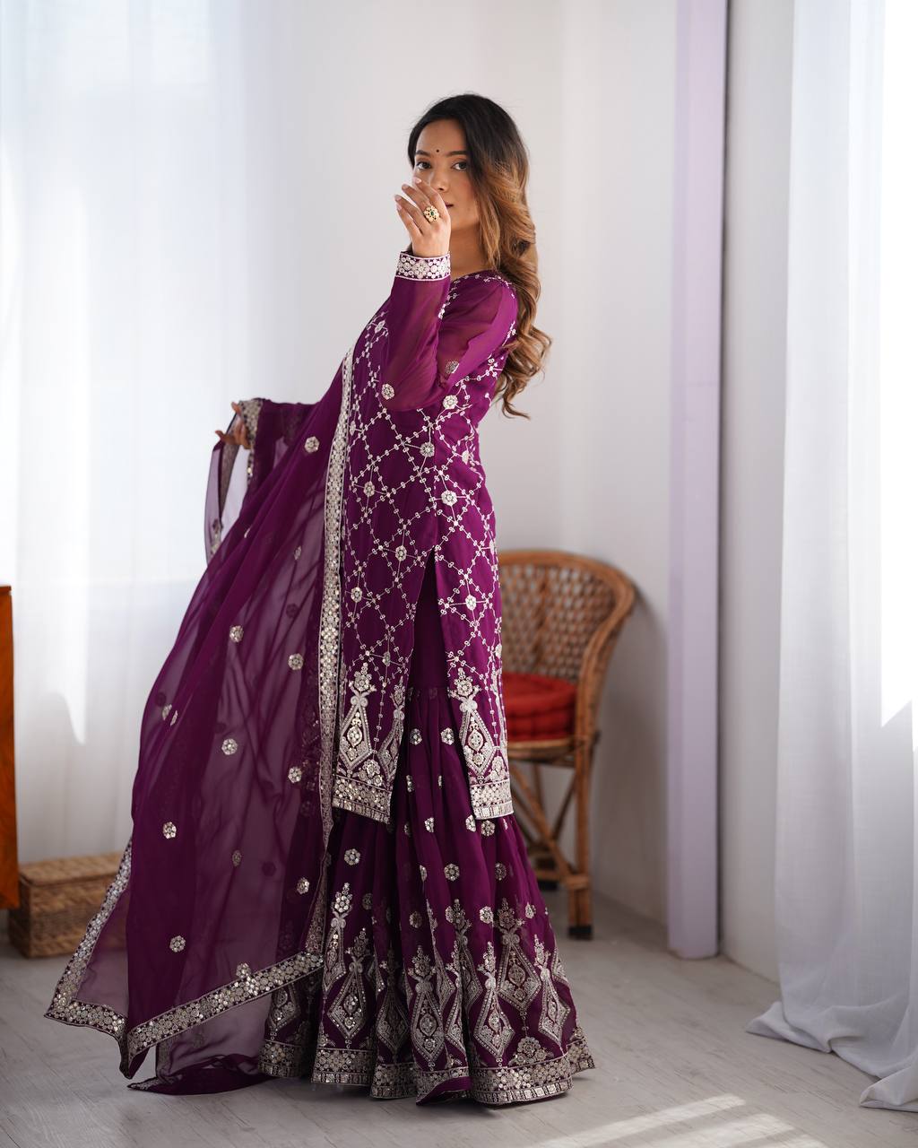Midnight Elegance Embroidered Sharara Set