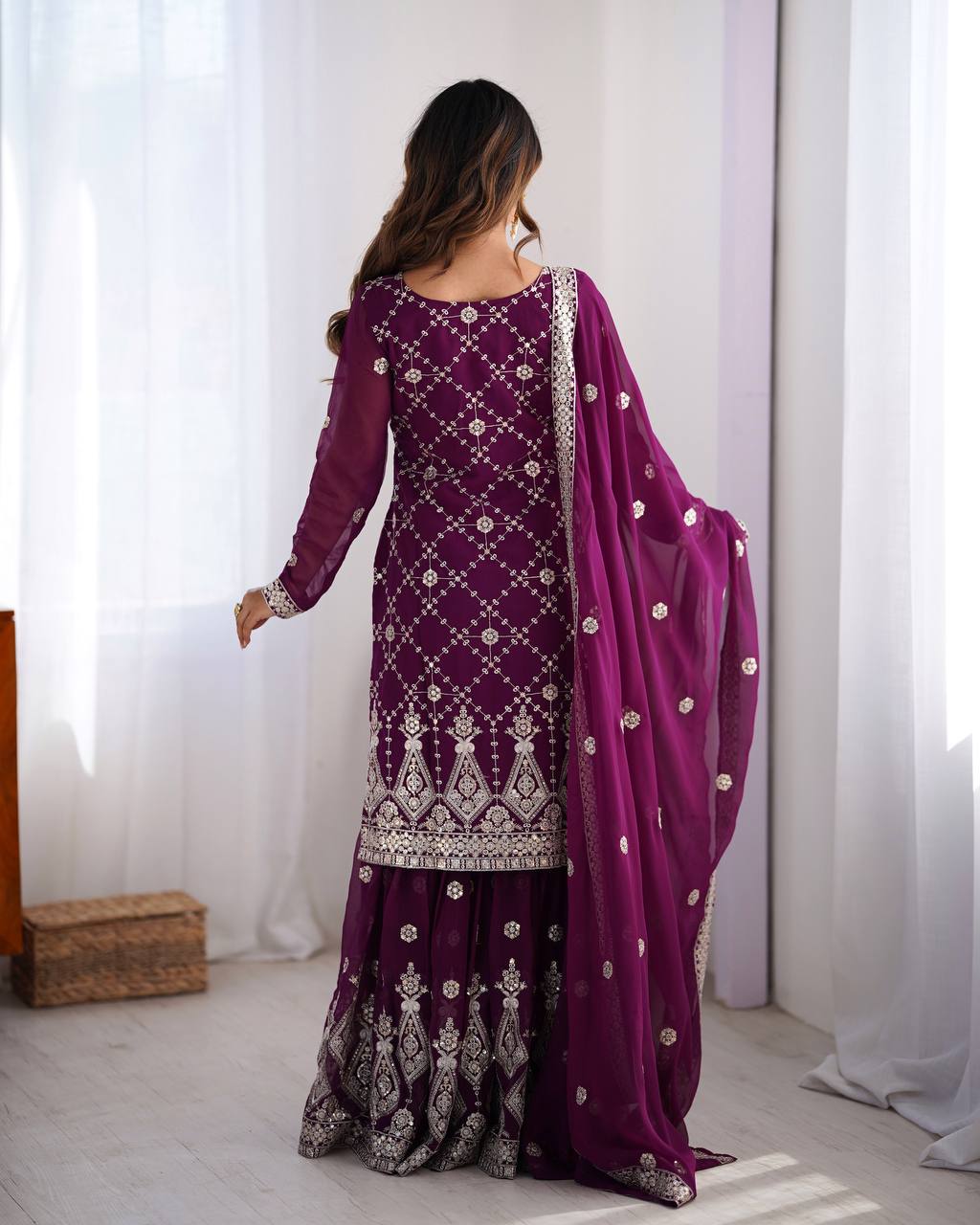Midnight Elegance Embroidered Sharara Set