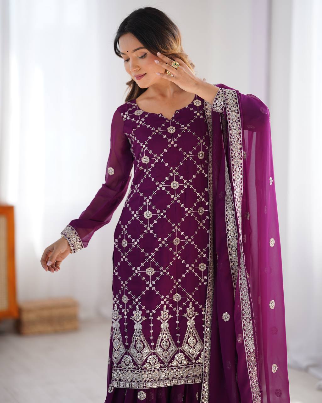 Midnight Elegance Embroidered Sharara Set