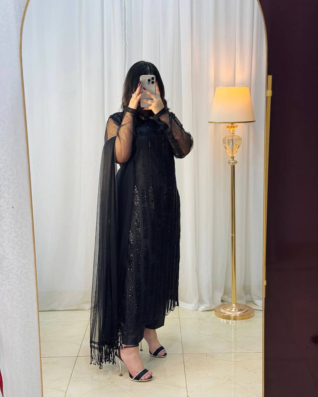 Premium Designer Black Beeds Ready To Wear Top-Pant Duppta