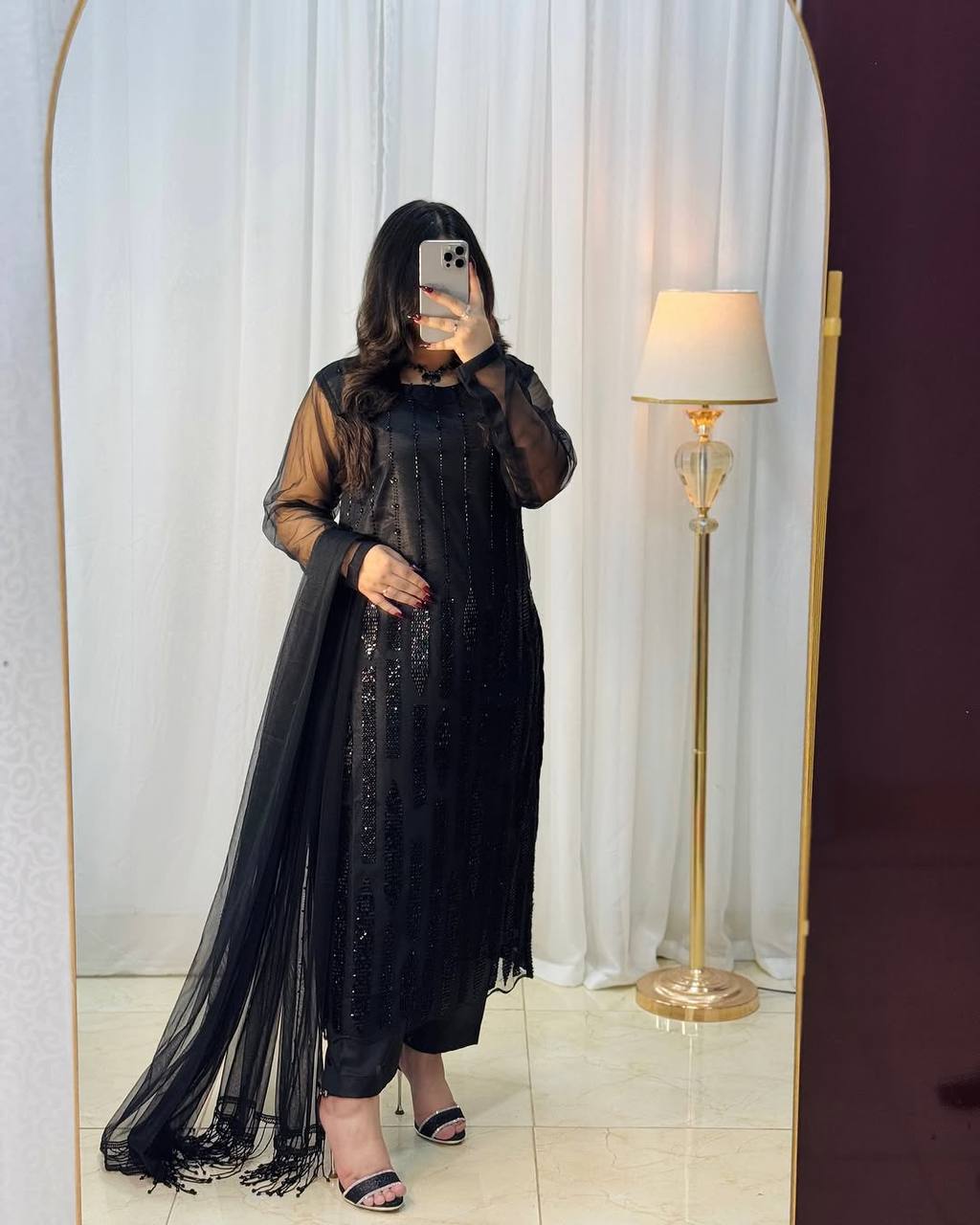 Premium Designer Black Beeds Ready To Wear Top-Pant Duppta