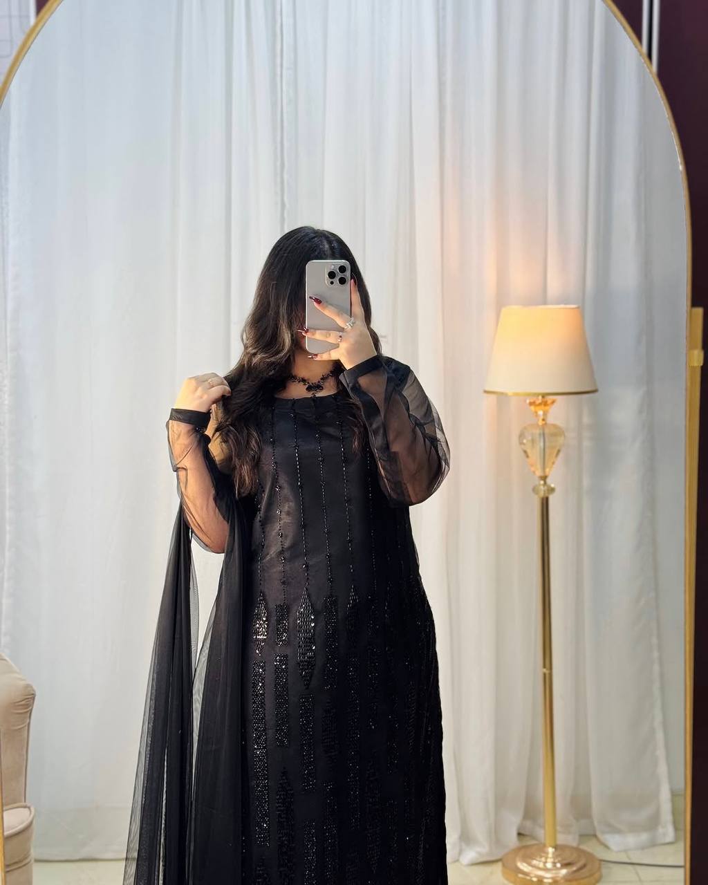 Premium Designer Black Beeds Ready To Wear Top-Pant Duppta