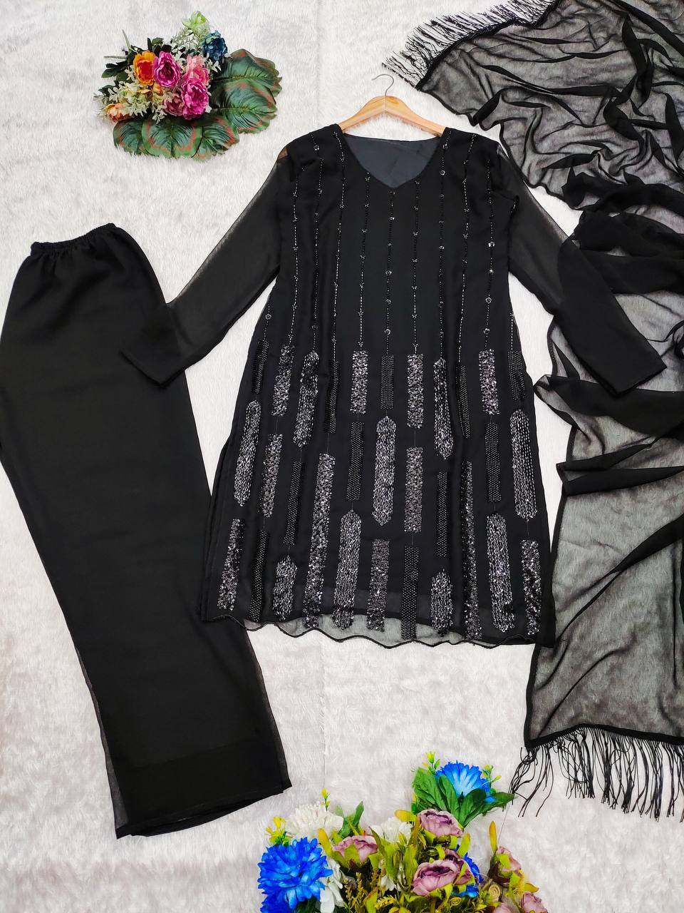 Premium Designer Black Beeds Ready To Wear Top-Pant Duppta