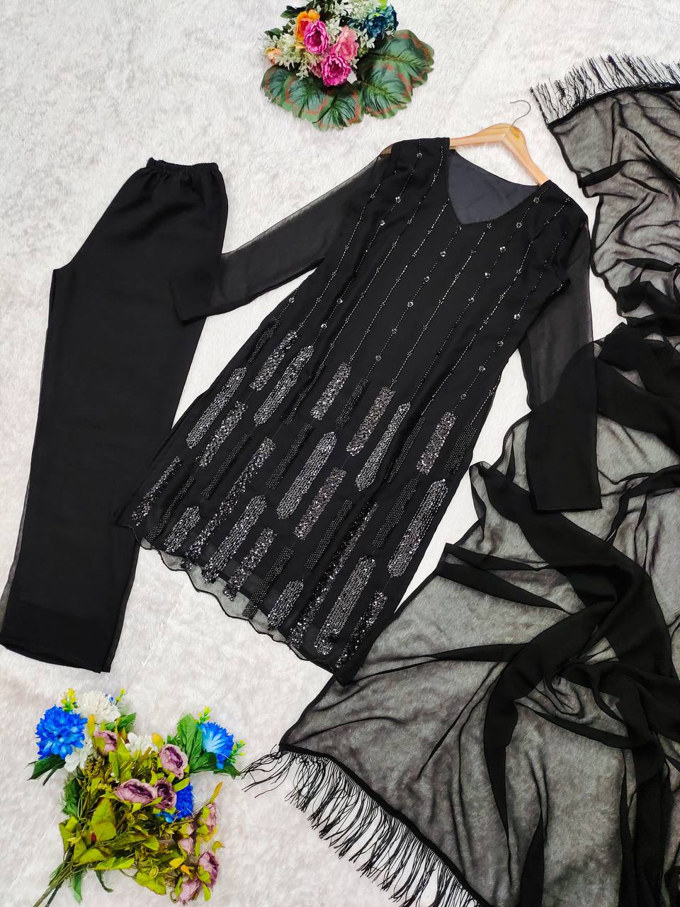 Premium Designer Black Beeds Ready To Wear Top-Pant Duppta