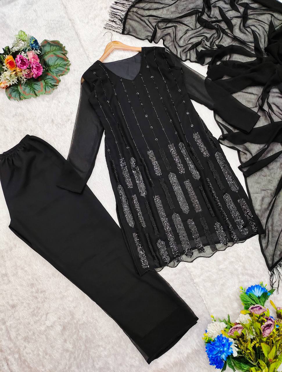 Premium Designer Black Beeds Ready To Wear Top-Pant Duppta