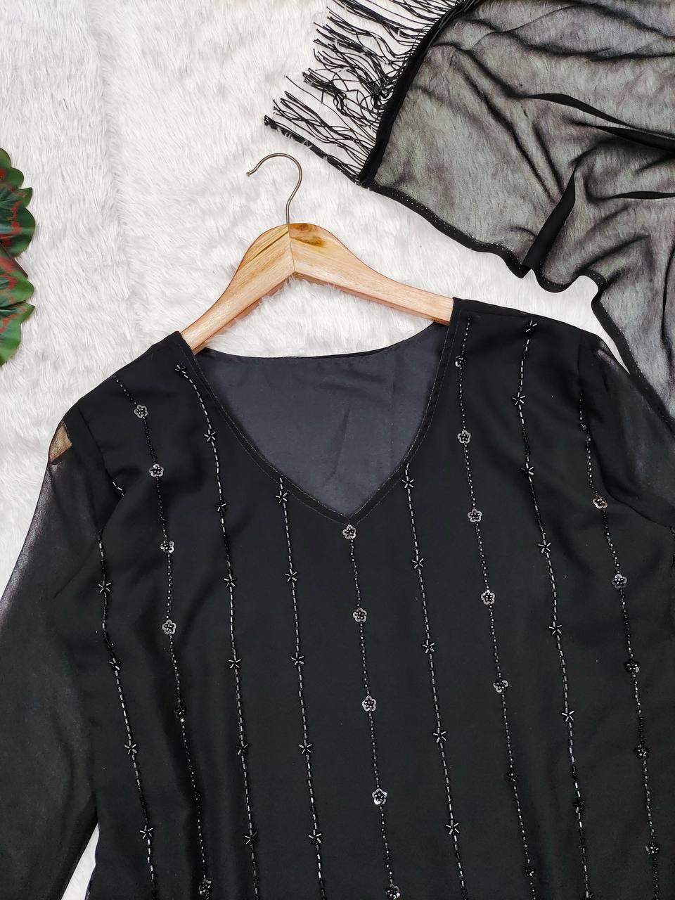 Premium Designer Black Beeds Ready To Wear Top-Pant Duppta