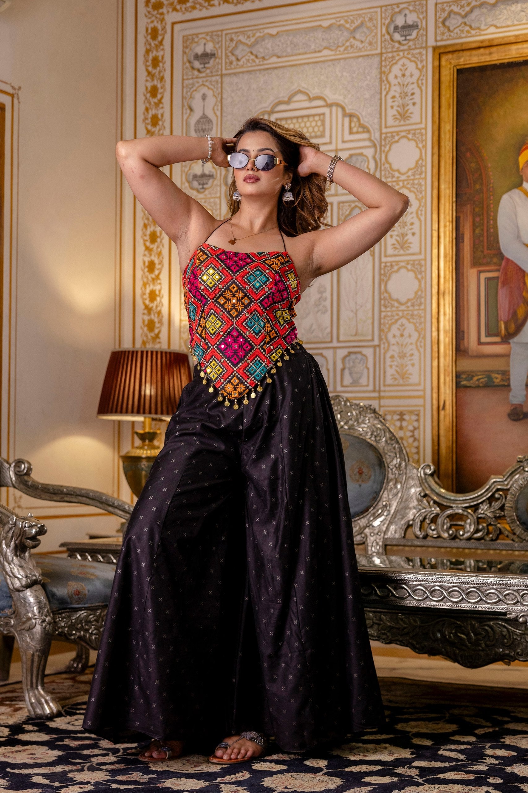 Black Embroidered Top With Pure Butti Flairy Palazzo Set