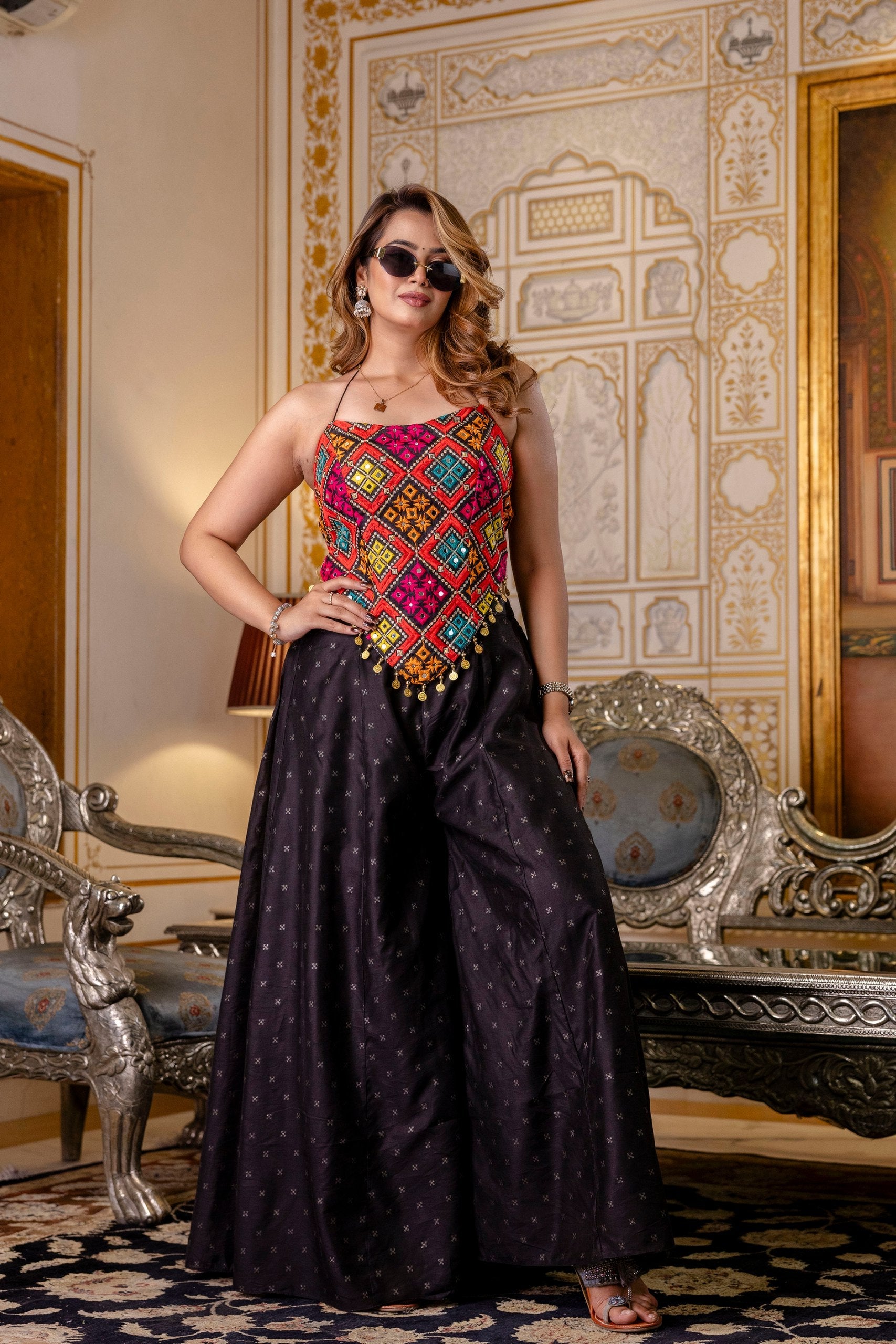 Black Embroidered Top With Pure Butti Flairy Palazzo Set