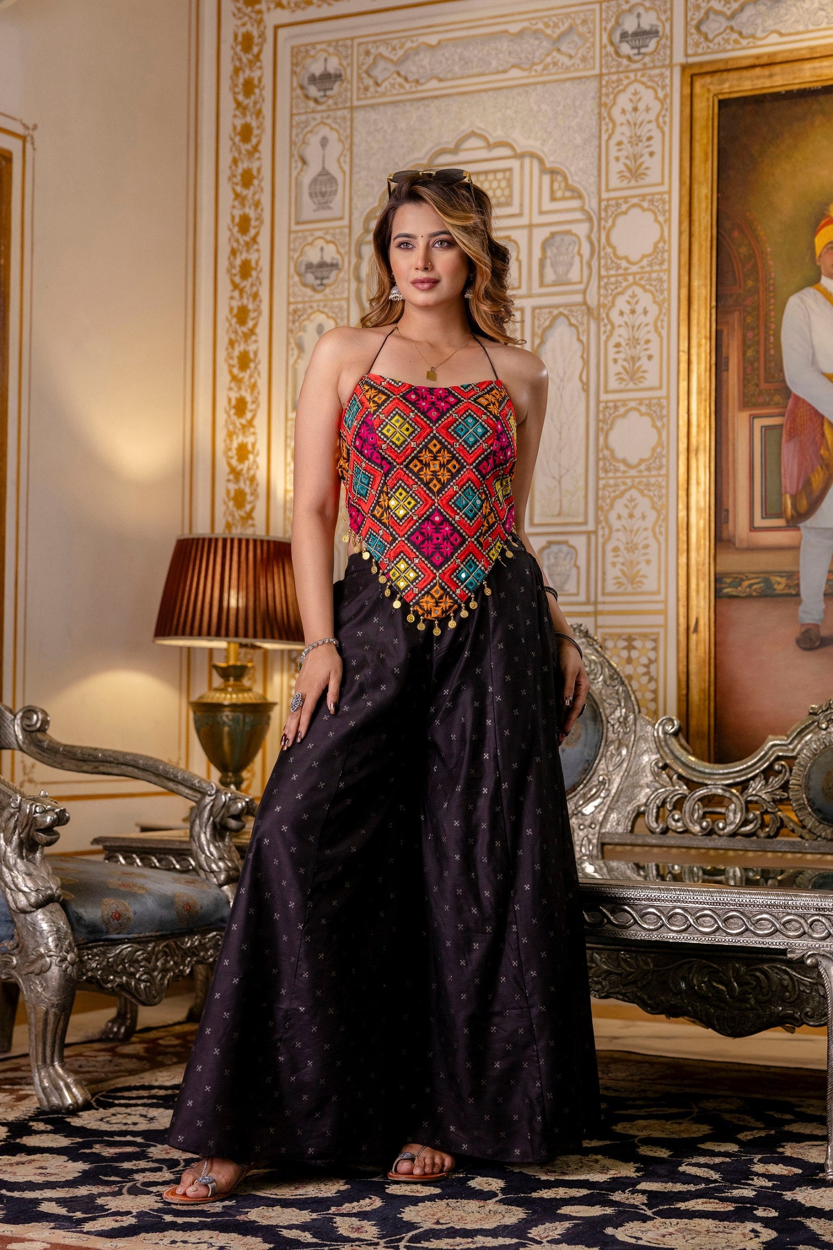 Black Embroidered Top With Pure Butti Flairy Palazzo Set