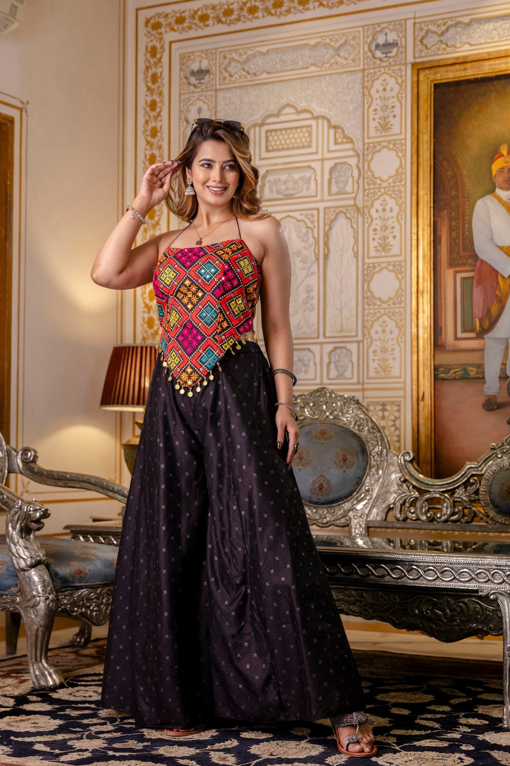 Black Embroidered Top With Pure Butti Flairy Palazzo Set