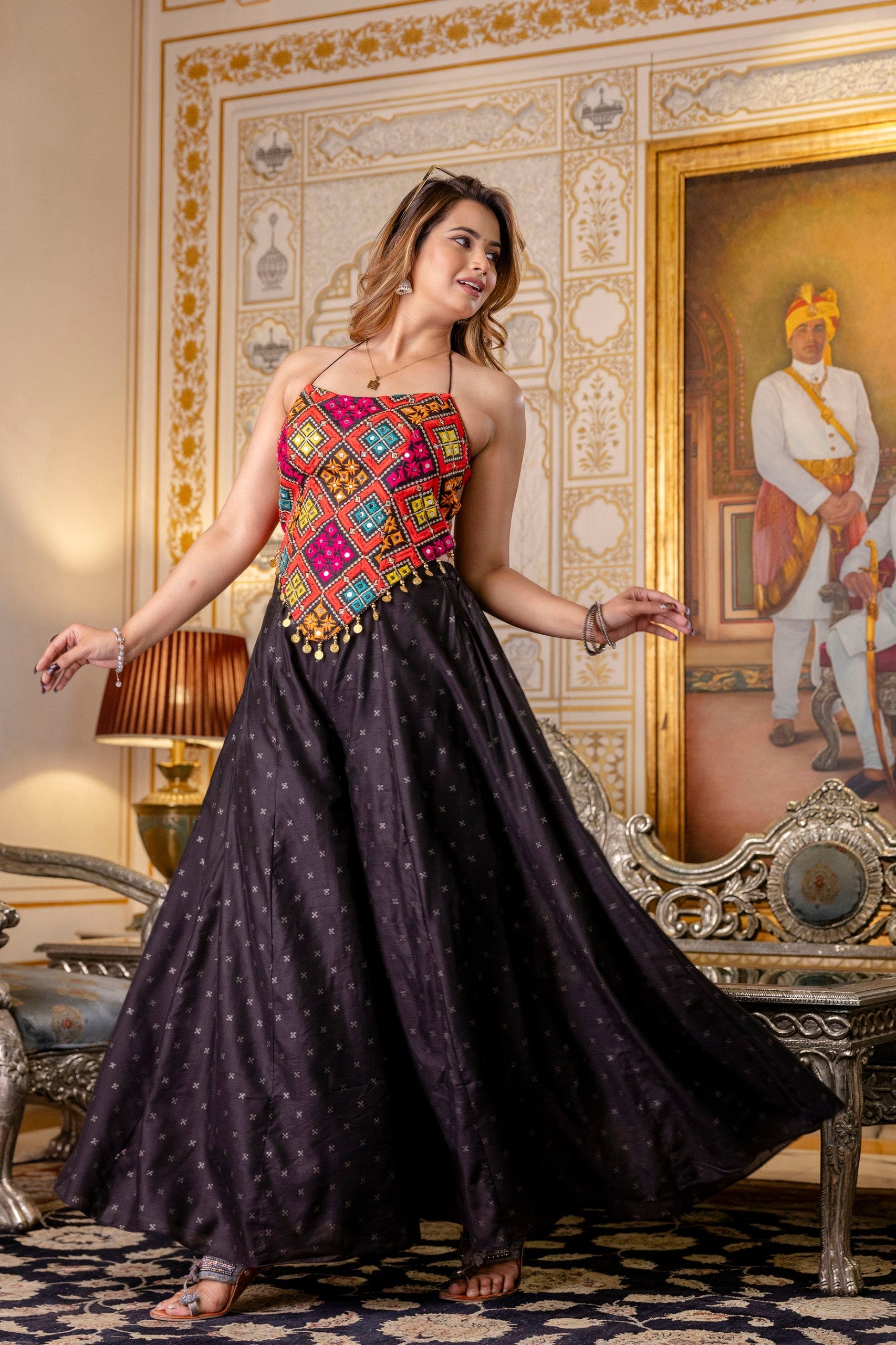 Black Embroidered Top With Pure Butti Flairy Palazzo Set