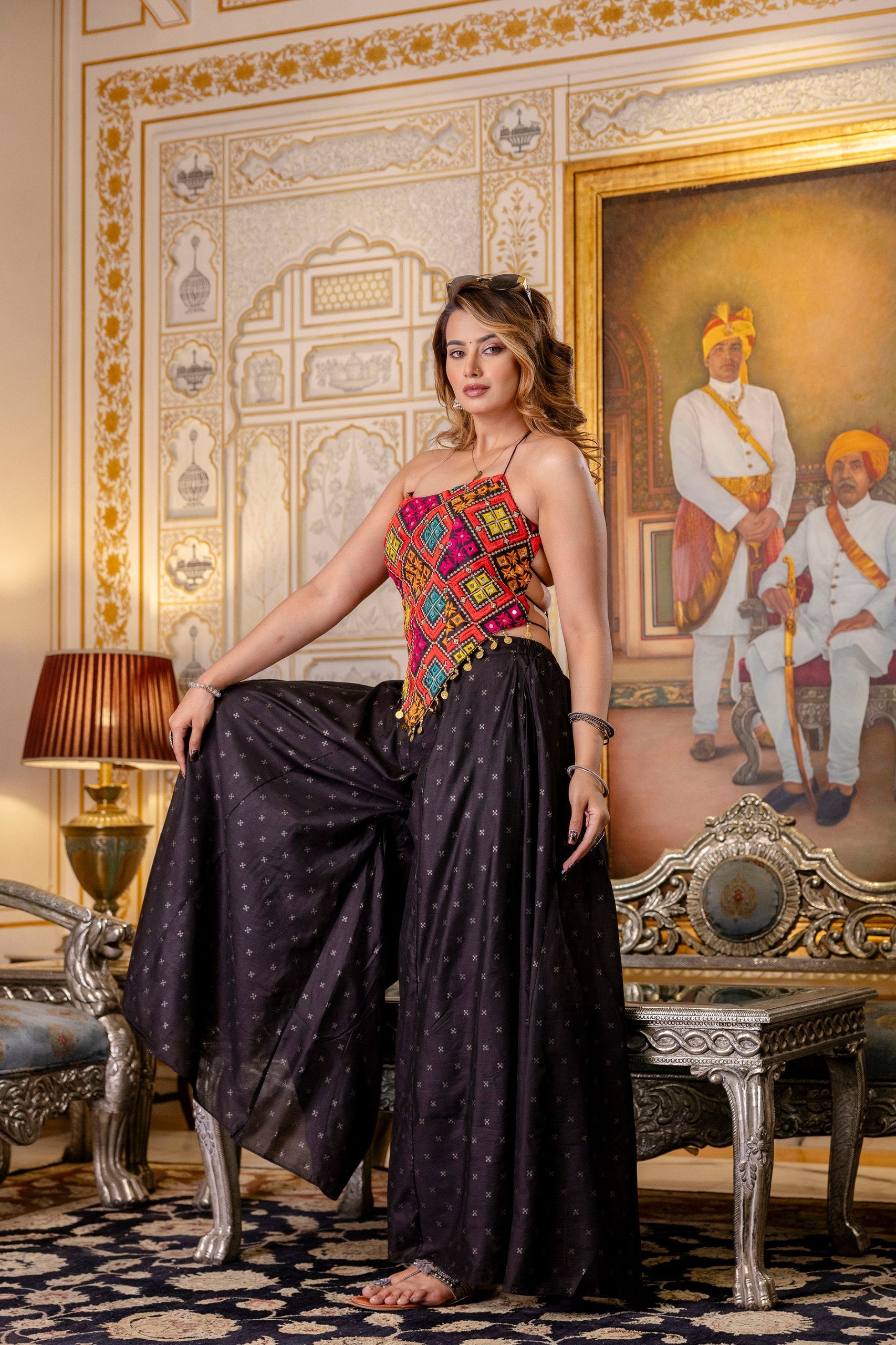 Black Embroidered Top With Pure Butti Flairy Palazzo Set