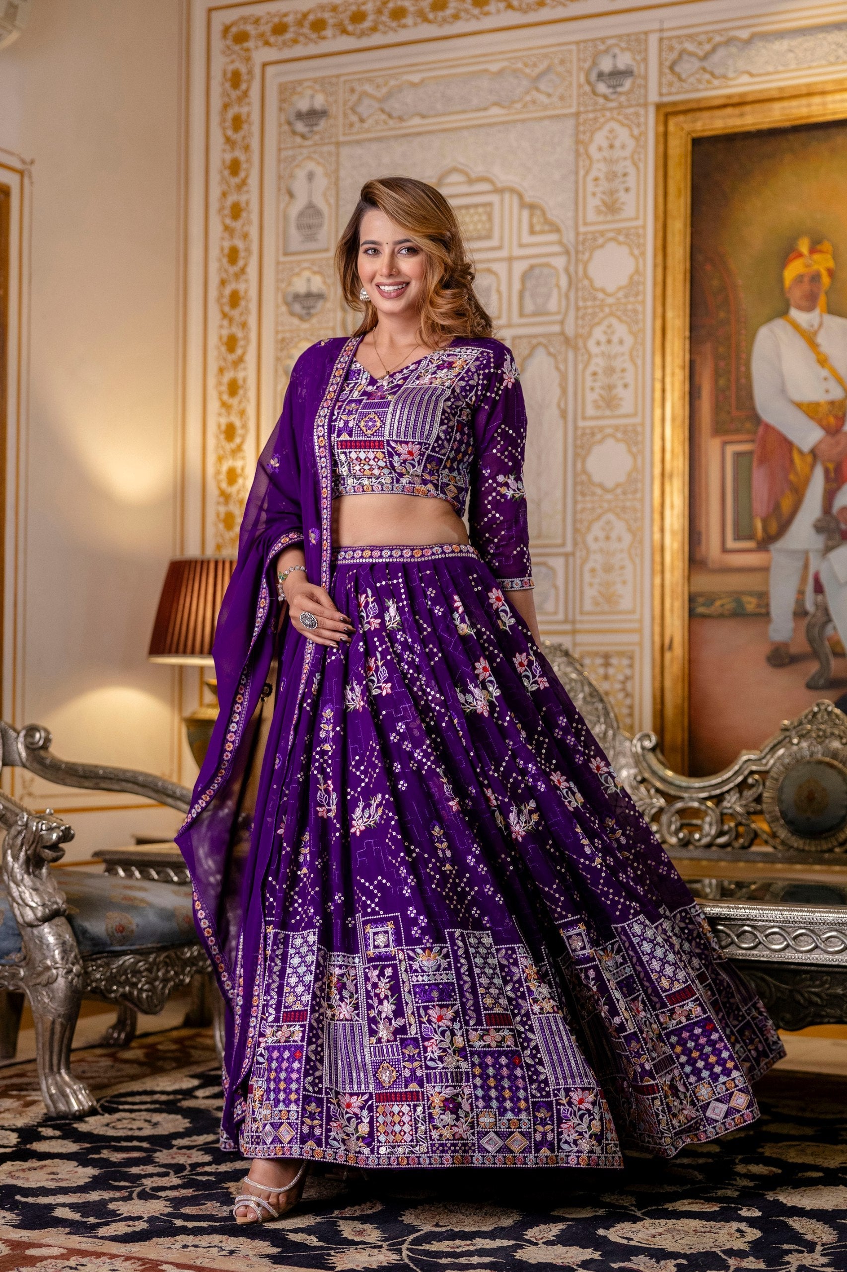 Purple Heavy Thread Sequins Worked Georgette Lehenga Choli