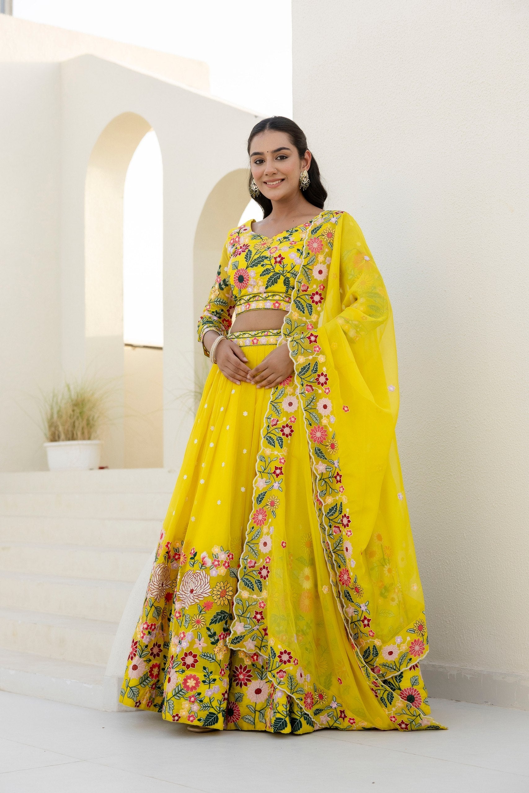 Yellow Organza Heavy Floral Thread Sequins Worked Lehenga Choli