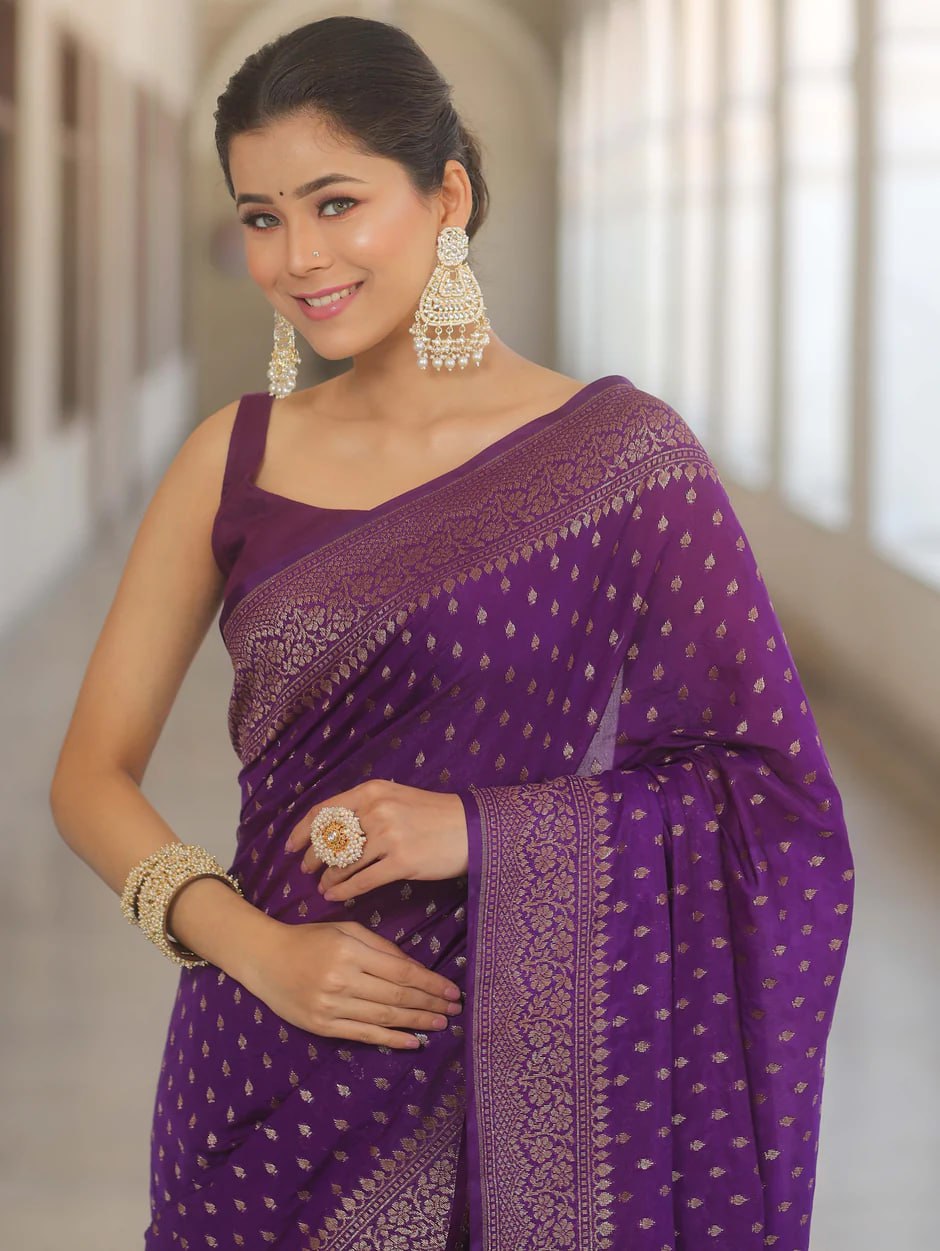 Banarasi Silk Saree with Gold Zari Weaving and Traditional Motifs