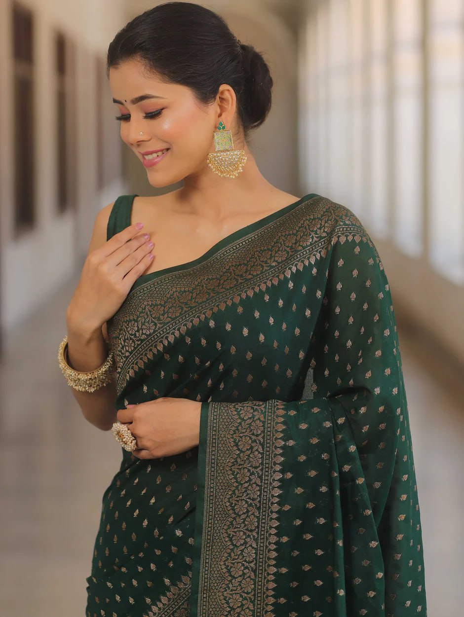 Banarasi Silk Saree with Gold Zari Weaving and Traditional Motifs