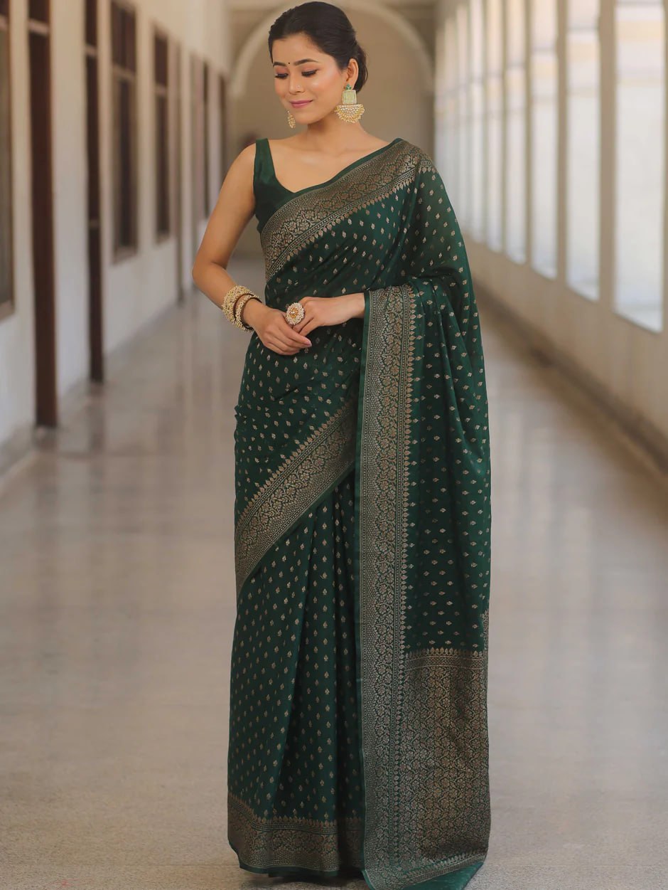 Banarasi Silk Saree with Gold Zari Weaving and Traditional Motifs