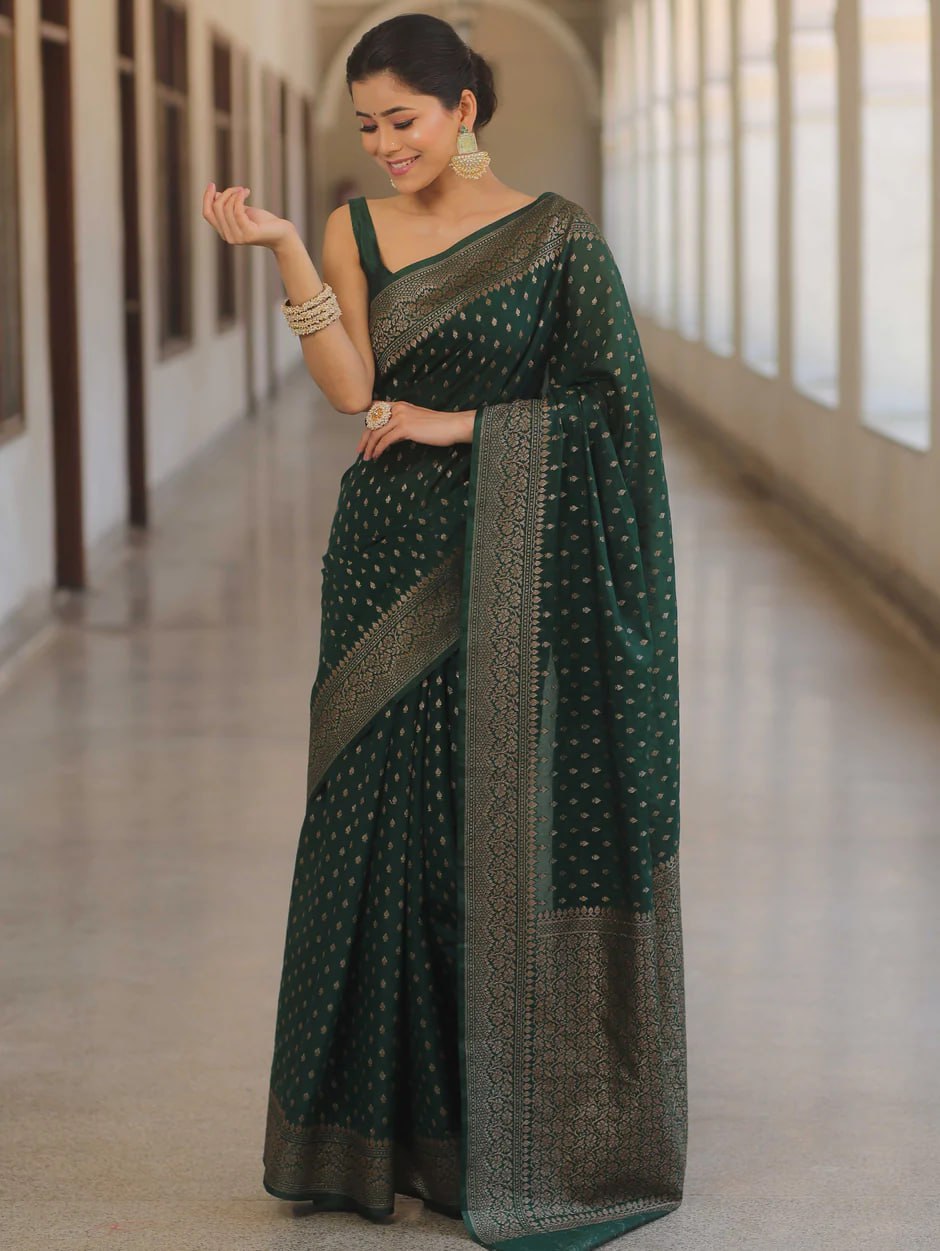 Banarasi Silk Saree with Gold Zari Weaving and Traditional Motifs