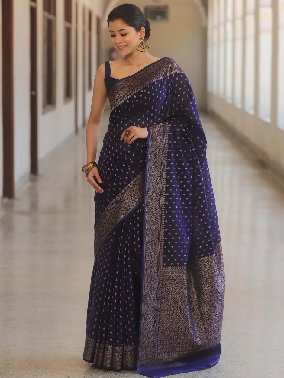 Banarasi Silk Saree with Gold Zari Weaving and Traditional Motifs