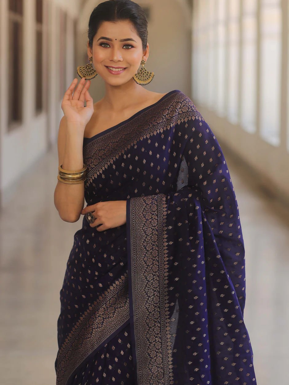 Banarasi Silk Saree with Gold Zari Weaving and Traditional Motifs