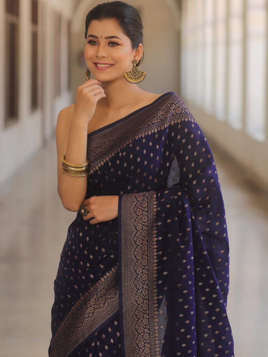 Banarasi Silk Saree with Gold Zari Weaving and Traditional Motifs