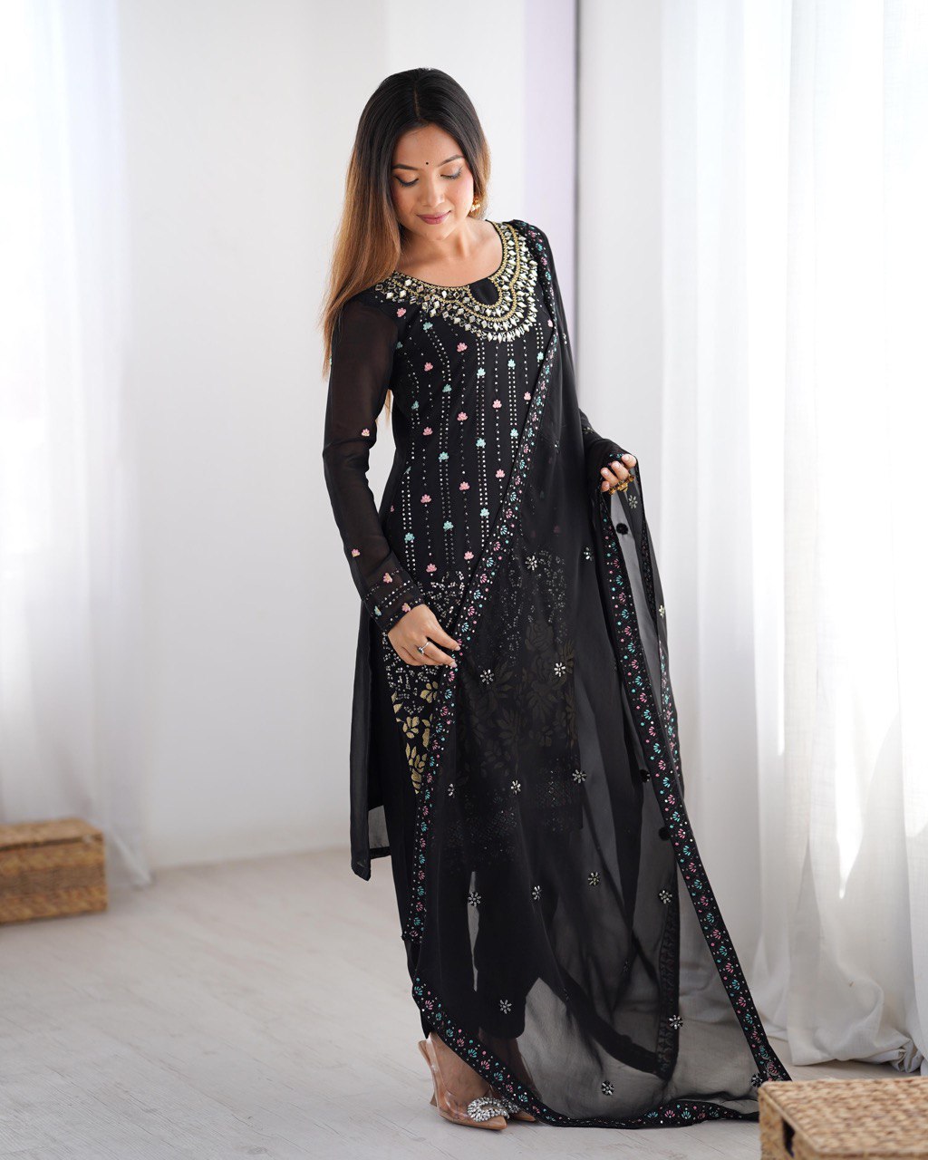 Noor Black Mirror-Embroidered Georgette Suit