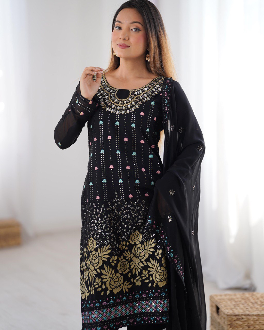 Noor Black Mirror-Embroidered Georgette Suit