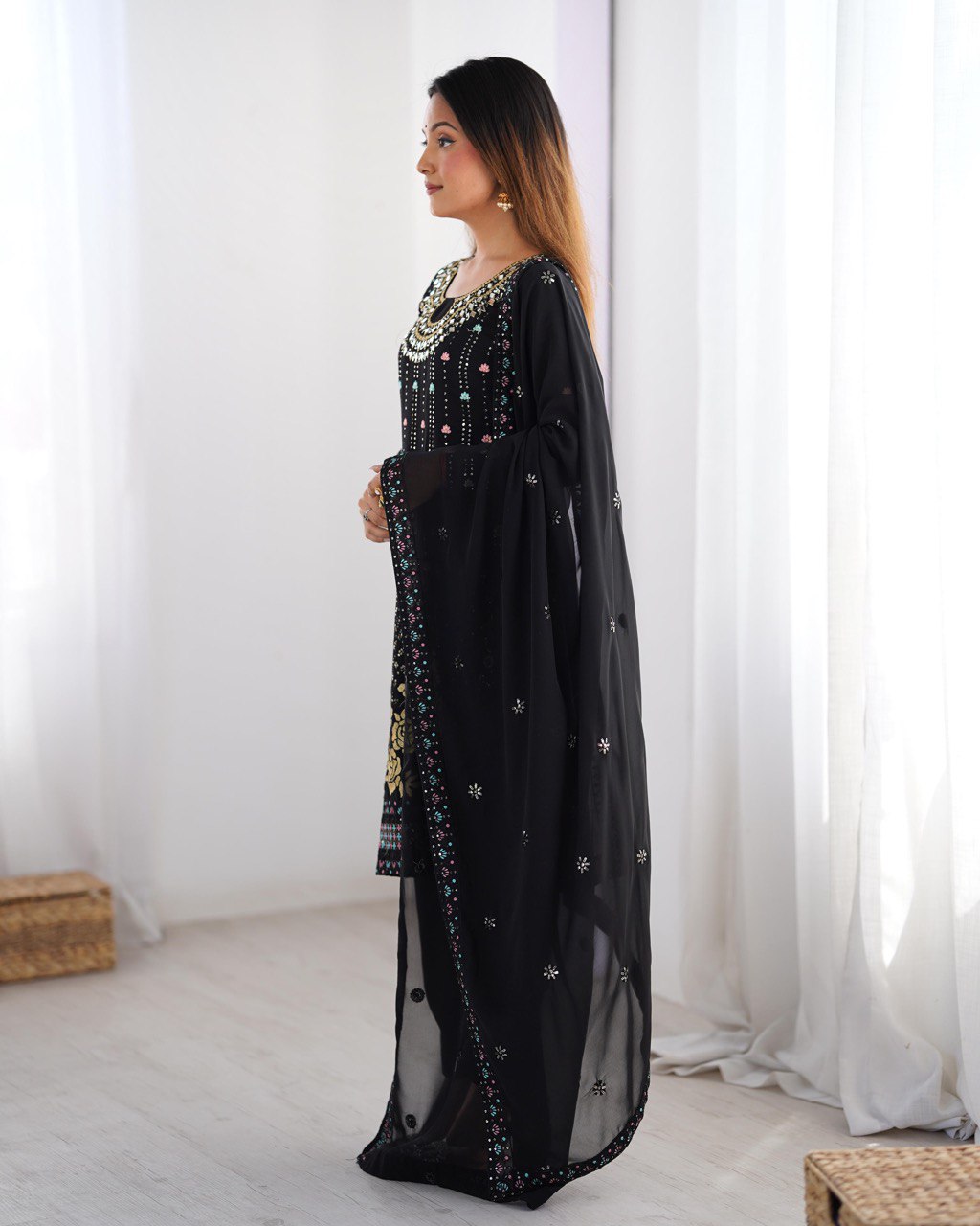 Noor Black Mirror-Embroidered Georgette Suit