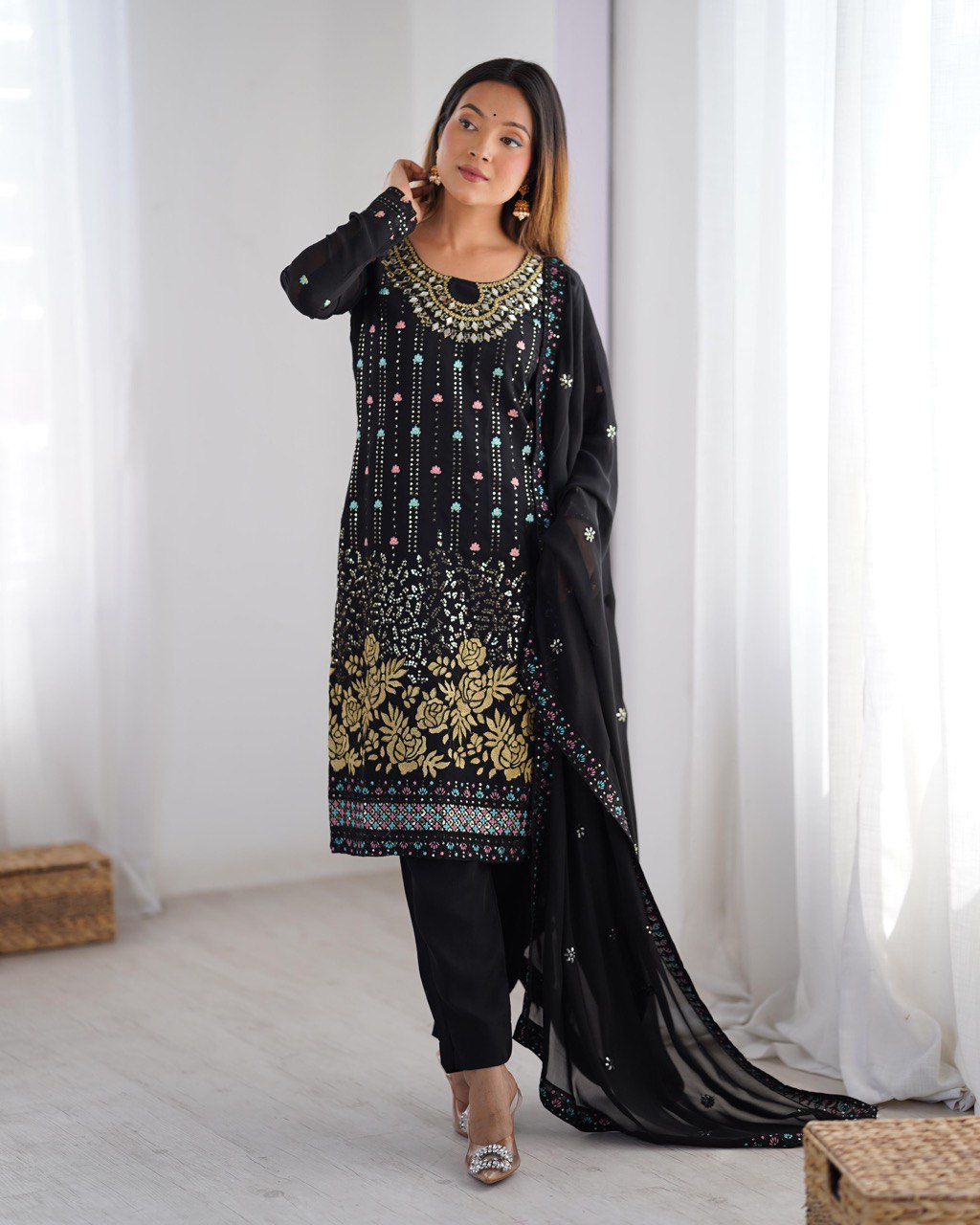 Noor Black Mirror-Embroidered Georgette Suit