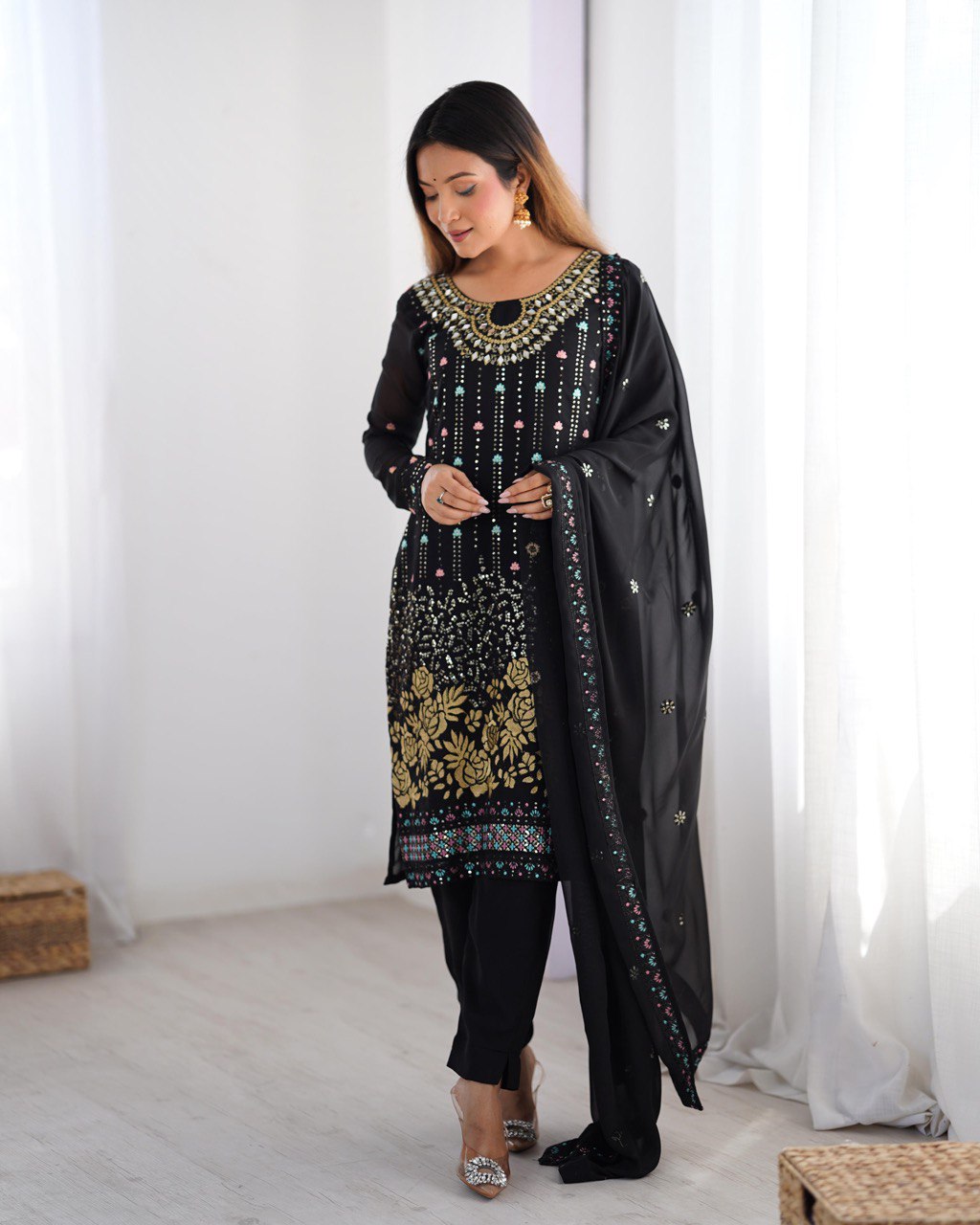 Noor Black Mirror-Embroidered Georgette Suit