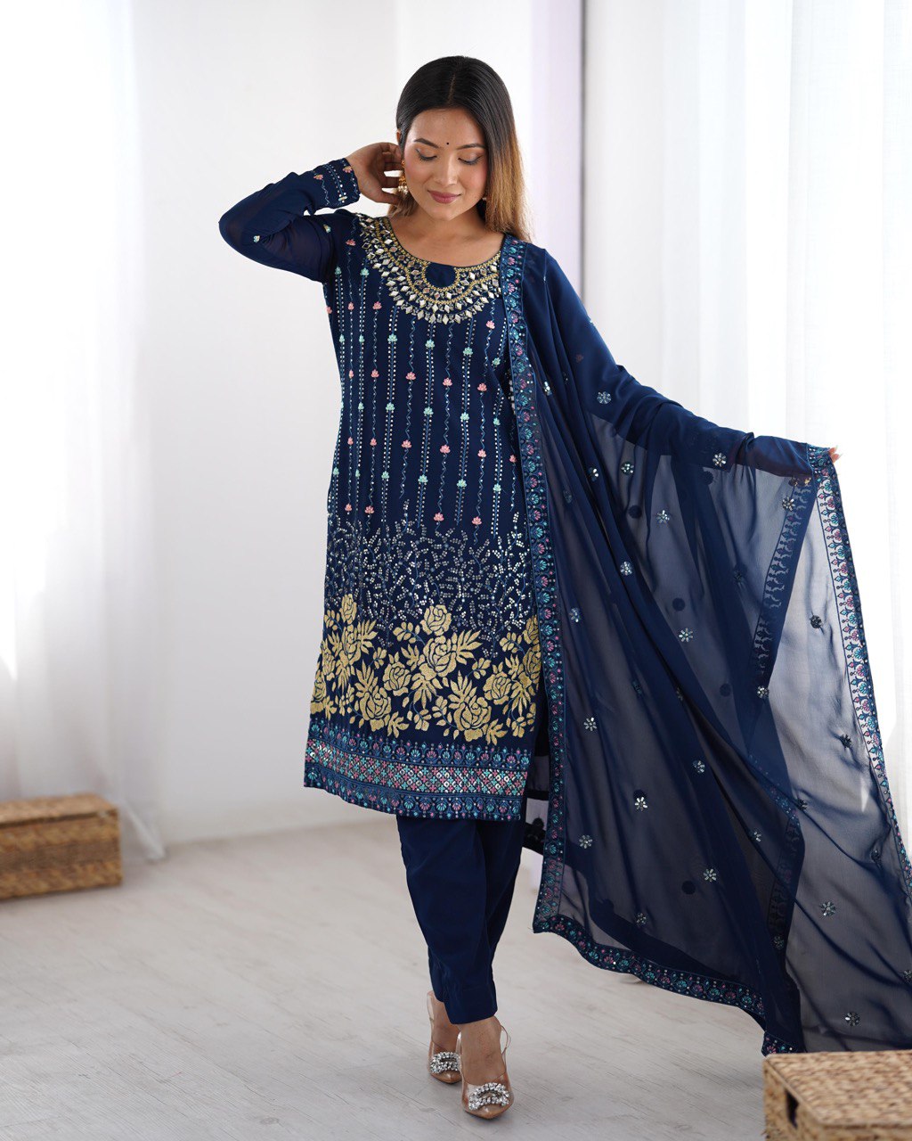 Noor Midnight Blue Mirror-Embroidered Georgette Suit