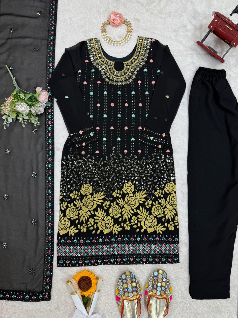 Noor Black Mirror-Embroidered Georgette Suit