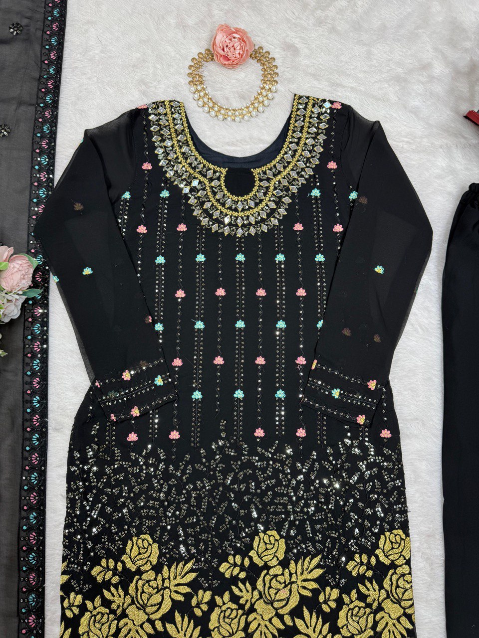 Noor Black Mirror-Embroidered Georgette Suit
