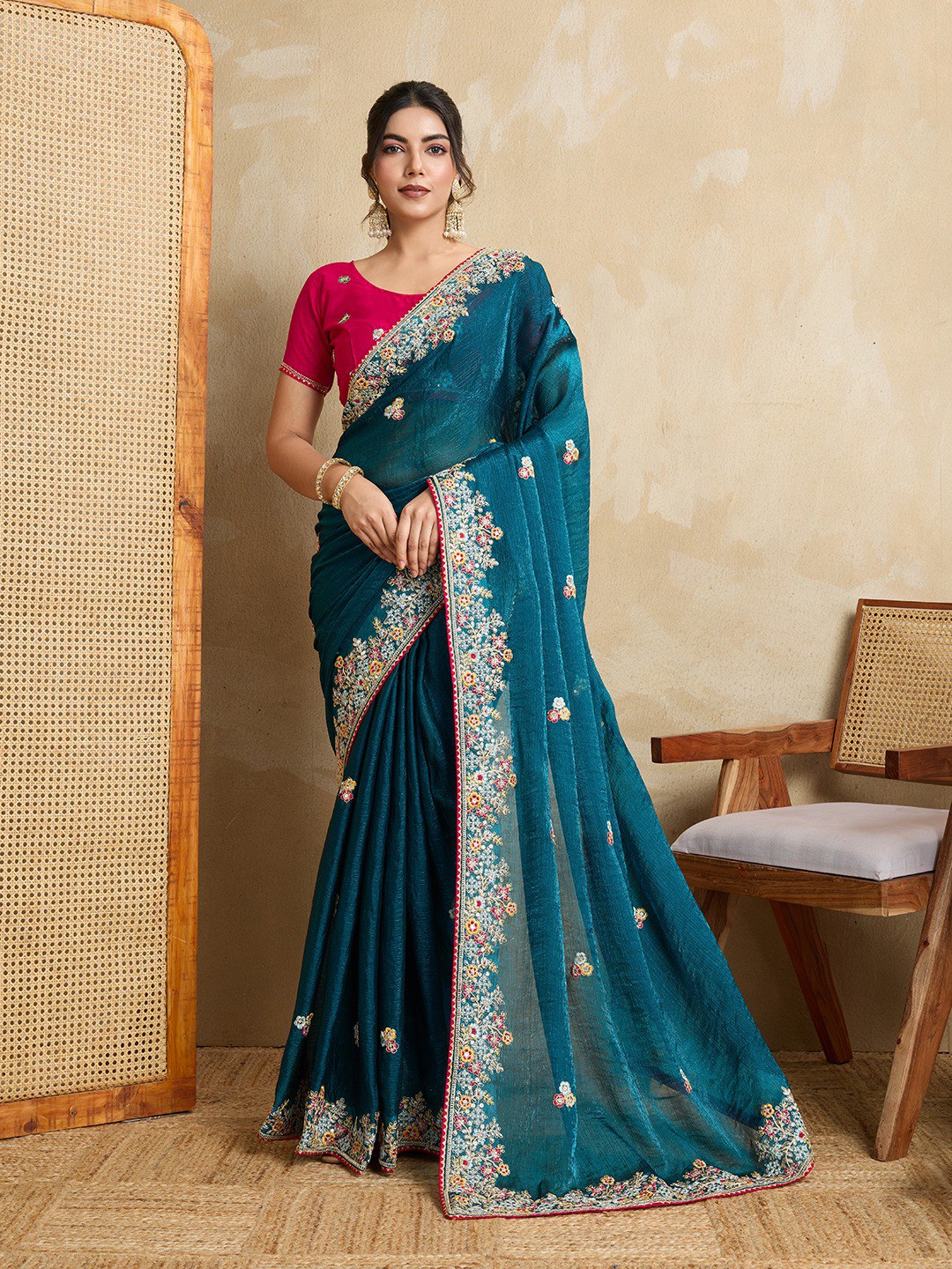 Elegant Fendy Chiffon Silk Embroidered Saree with C-Pallu