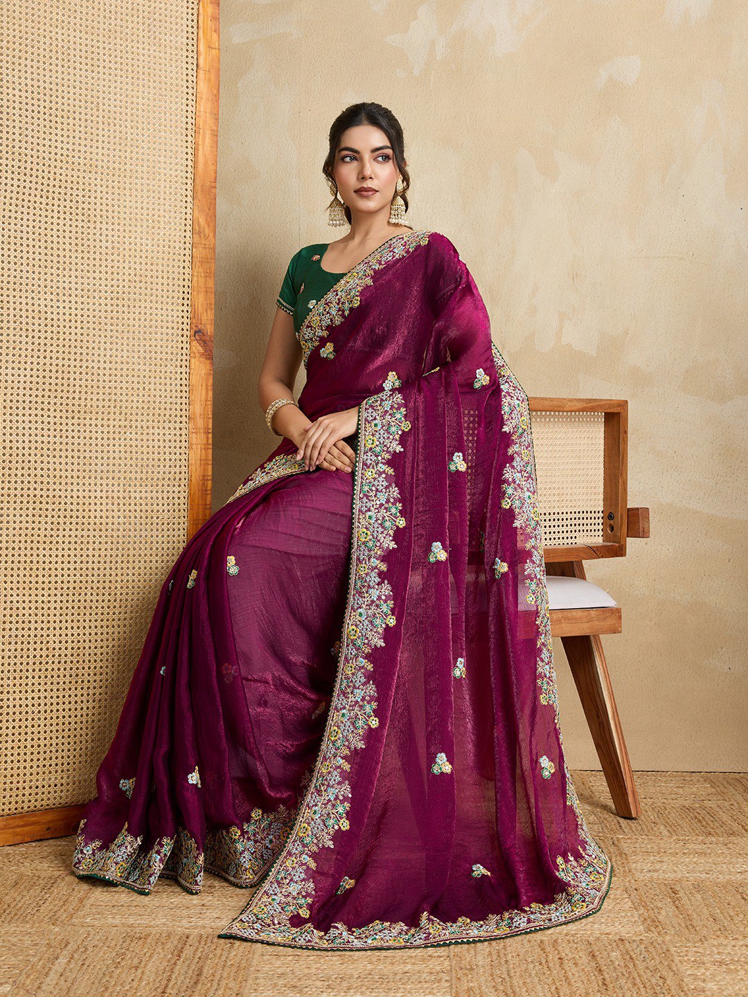 Elegant Fendy Chiffon Silk Embroidered Saree with C-Pallu