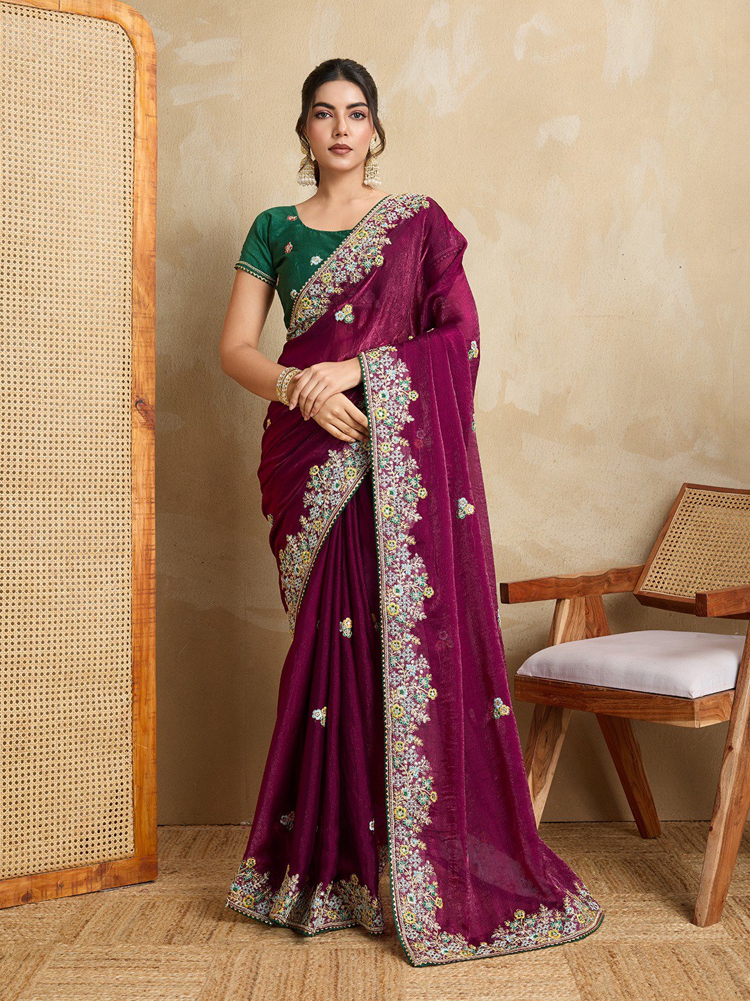Elegant Fendy Chiffon Silk Embroidered Saree with C-Pallu