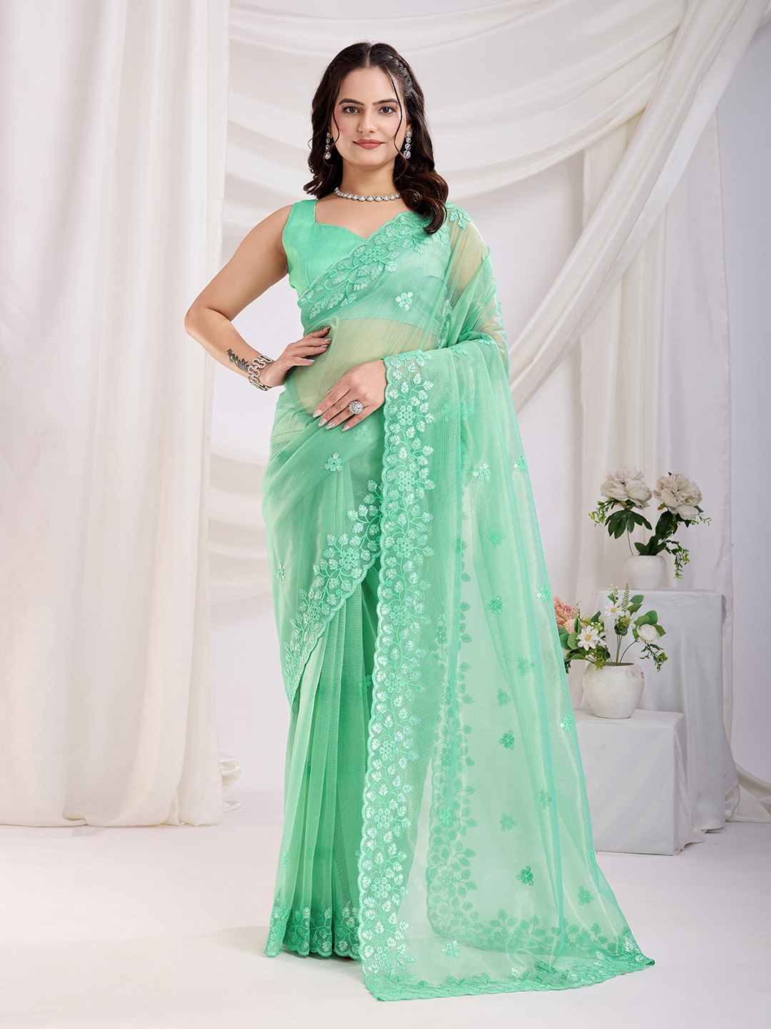 Embroidered Gold Twill Net Saree with Sequin Cut Work & Plain Blouse Piece
